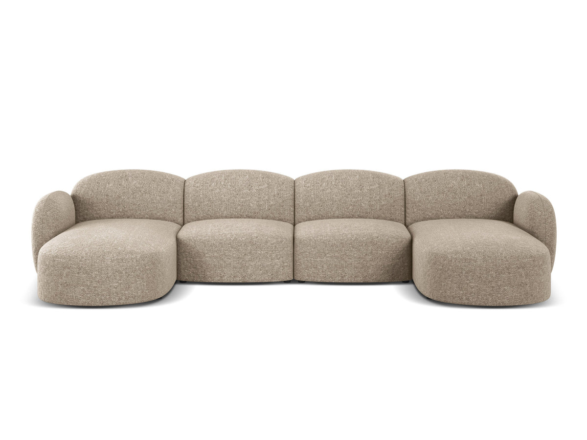 Blair Panoramasofa von Micadoni, 5er Sofa mit Massivholzrahmen, Chenille-Bezug Eden Beige und schwarzen Kunststoffbeinen, Ansicht von vorne.