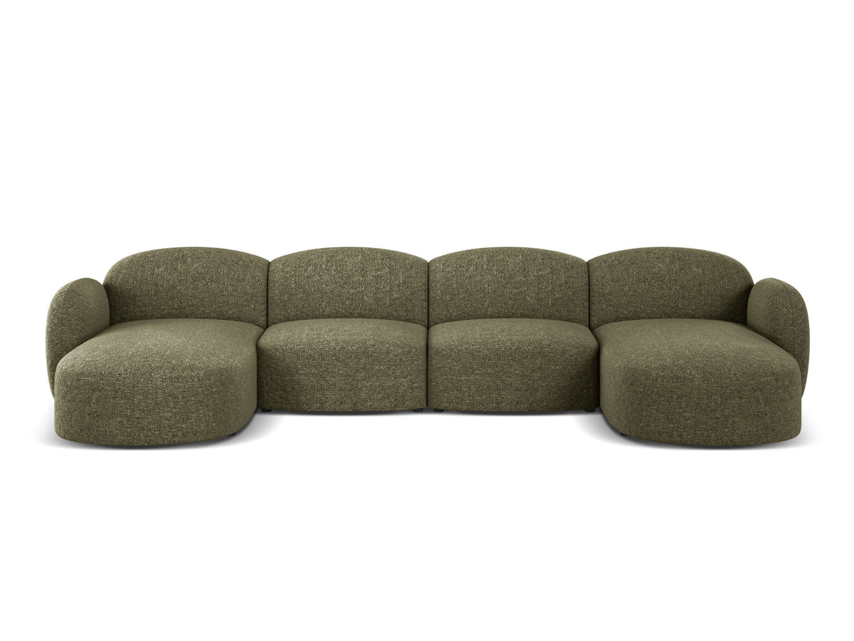 Blair Panoramasofa von Micadoni, 5er Sofa mit Massivholzrahmen, Chenille-Bezug Eden Beige und schwarzen Kunststoffbeinen, Ansicht von vorne.