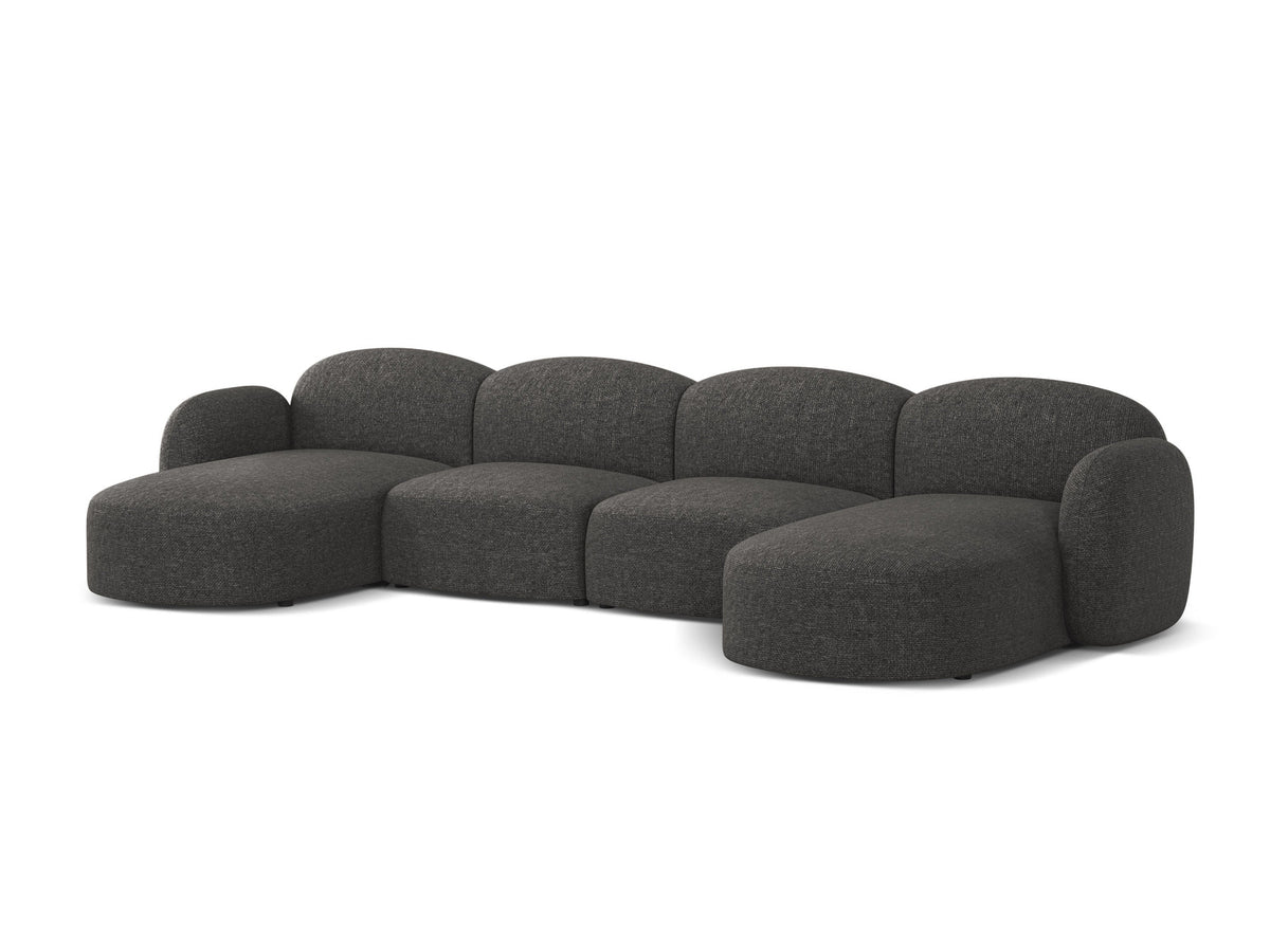 Blair Panoramasofa von Micadoni, 5er Sofa mit Massivholzrahmen, Chenille-Bezug Eden Beige und schwarzen Kunststoffbeinen, Ansicht von vorne.