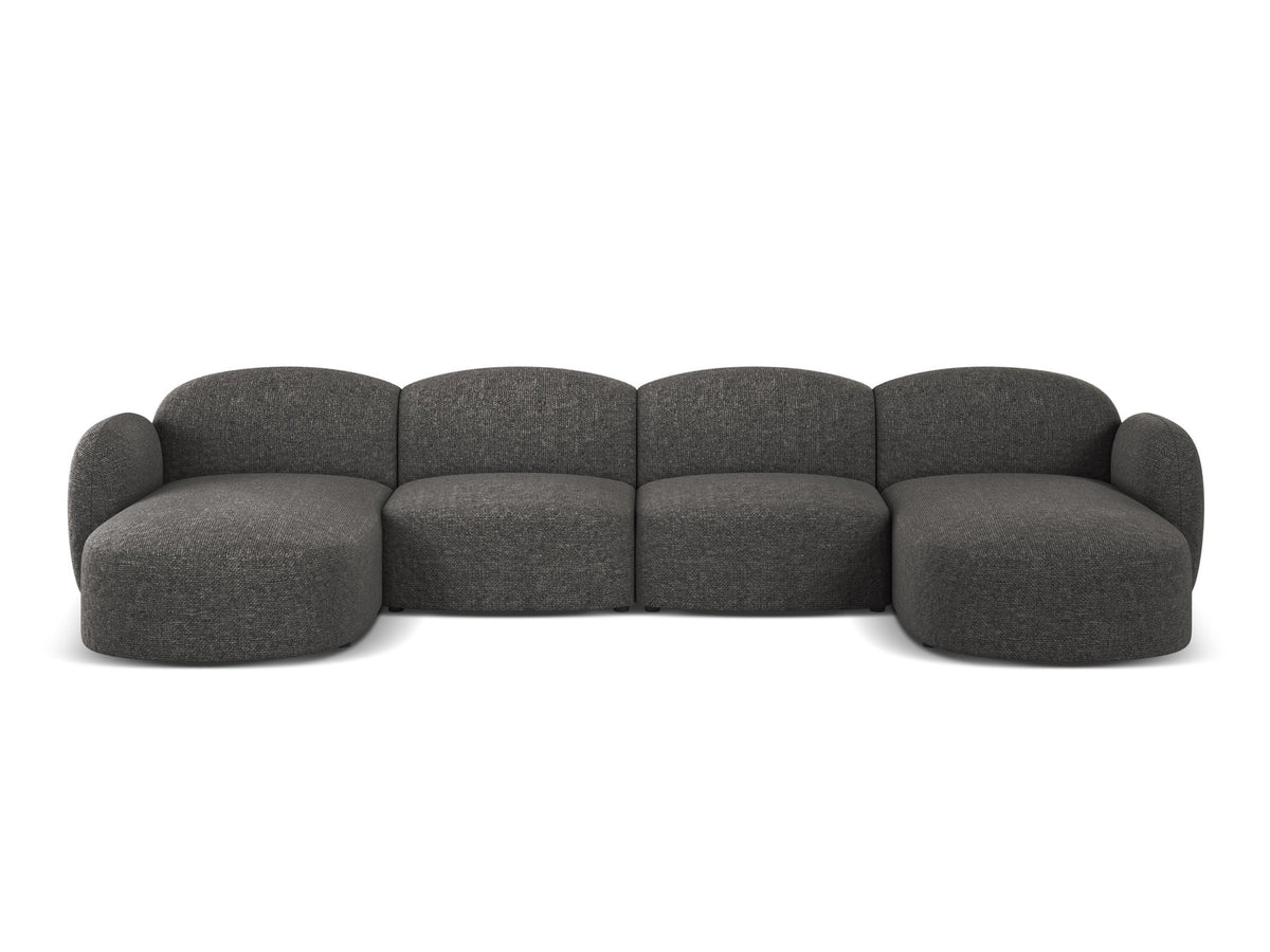 Blair Panoramasofa von Micadoni, 5er Sofa mit Massivholzrahmen, Chenille-Bezug Eden Beige und schwarzen Kunststoffbeinen, Ansicht von vorne.