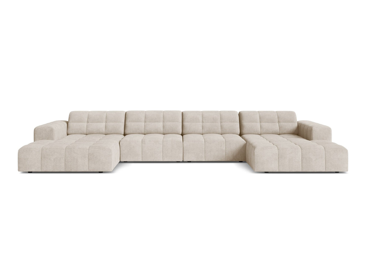 Panoramasofa Jennifer von Micadoni in leichtem Beige, grosses Ecksofa mit Stoffbezug Bluvel 22 und schwarzen Kunststoffbeinen.