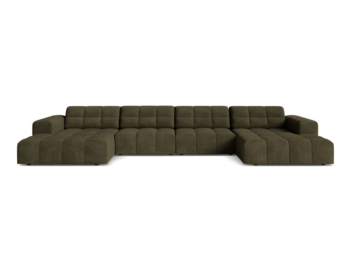 Panoramasofa Jennifer von Micadoni in leichtem Beige, grosses Ecksofa mit Stoffbezug Bluvel 22 und schwarzen Kunststoffbeinen.