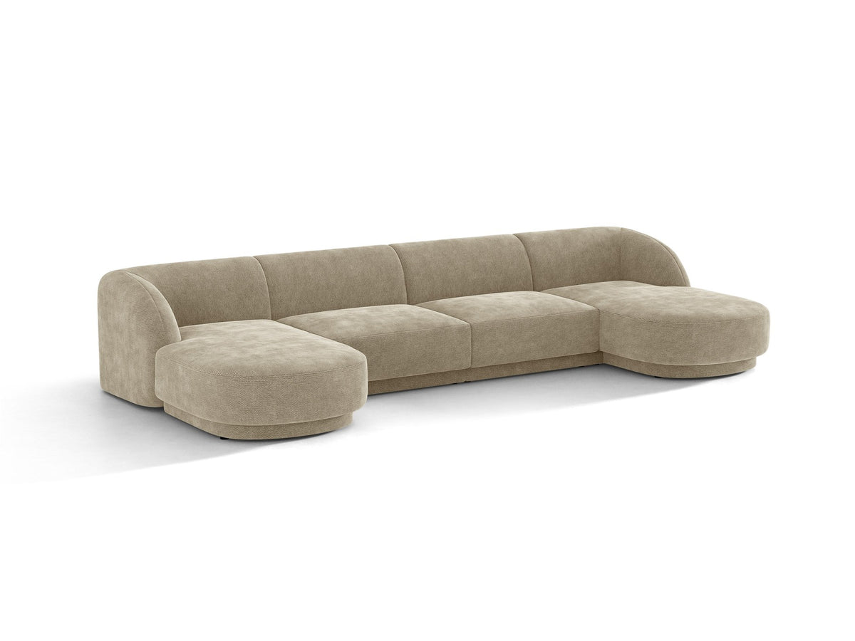 Dunkelbeiges Panorama-Ecksofa Miley von Micadoni mit Bluvel-Stoffbezug, L-Form, schwarzen Kunststoffbeinen und niedriger Rückenlehne.