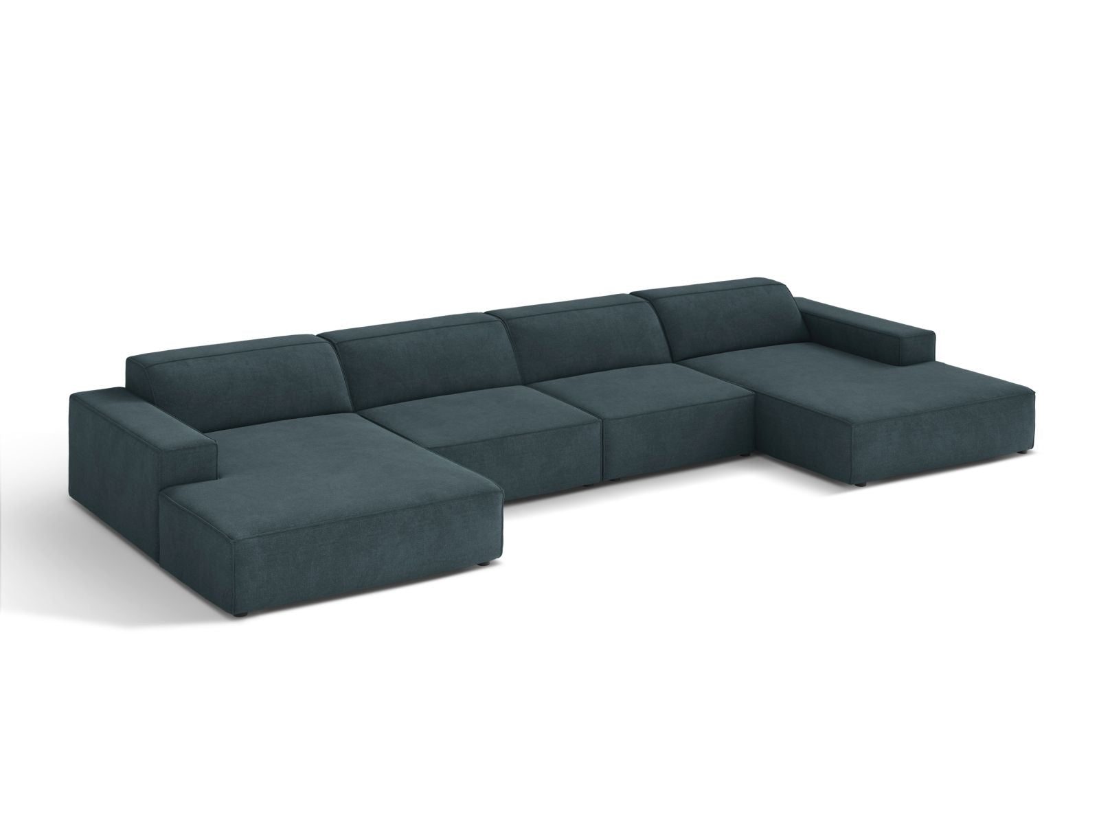 Elegantes 6-Sitzer Sofa Jodie in tiefem Petrol, modular und panoramisch, ideal für stilvolle Wohnräume.