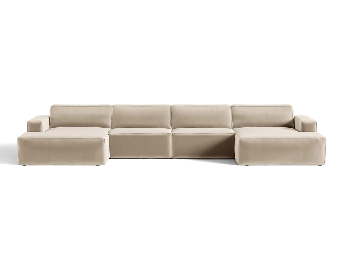 Modulares Panoramasofa Jodie von Micadoni, Ecksofa in Leichtes Beige mit Samtbezug Venus und schwarzen Kunststoffbeinen