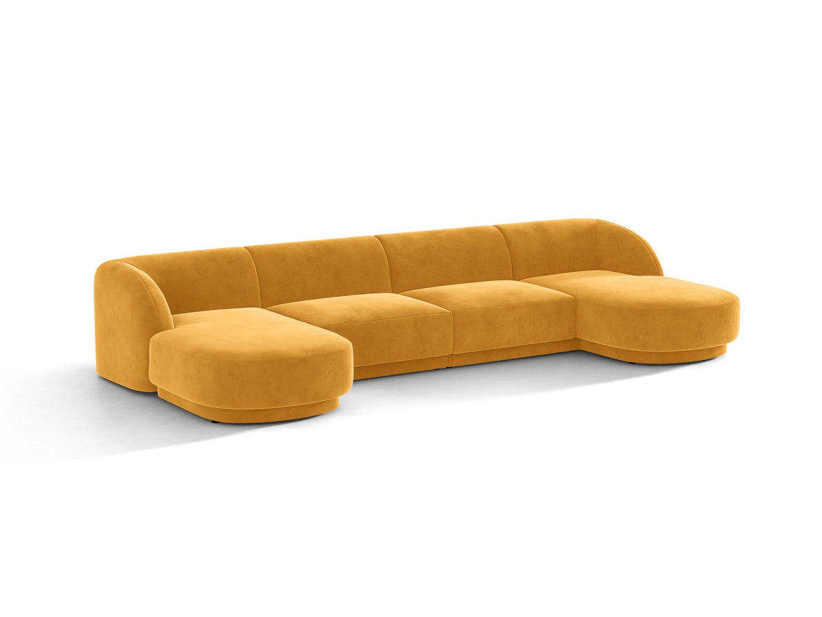 Dunkelbeiges Panorama-Ecksofa Miley von Micadoni mit Bluvel-Stoffbezug, L-Form, schwarzen Kunststoffbeinen und niedriger Rückenlehne.