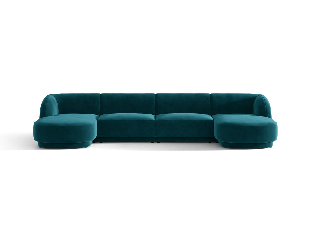 Dunkelbeiges Panorama-Ecksofa Miley von Micadoni mit Bluvel-Stoffbezug, L-Form, schwarzen Kunststoffbeinen und niedriger Rückenlehne.