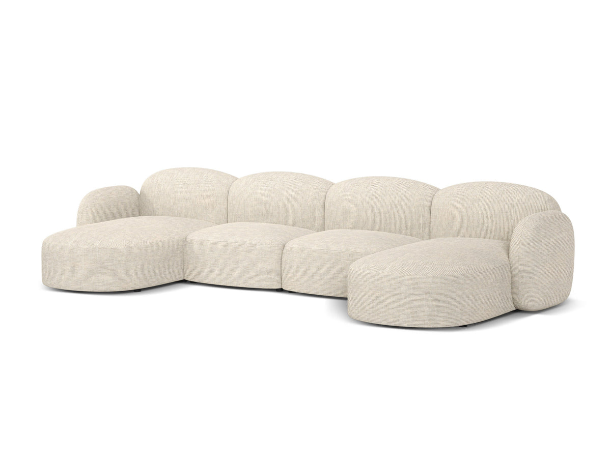 Blair Panoramasofa von Micadoni, 5er Sofa mit Massivholzrahmen, Chenille-Bezug Eden Beige und schwarzen Kunststoffbeinen, Ansicht von vorne.
