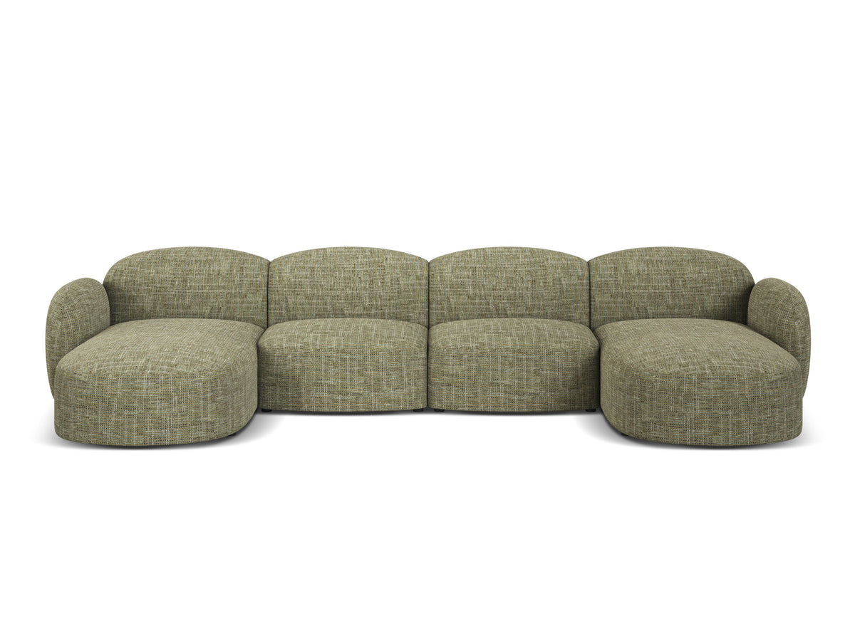 Blair Panoramasofa von Micadoni, 5er Sofa mit Massivholzrahmen, Chenille-Bezug Eden Beige und schwarzen Kunststoffbeinen, Ansicht von vorne.