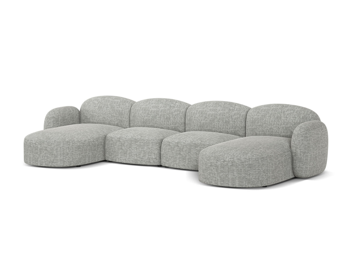 Blair Panoramasofa von Micadoni, 5er Sofa mit Massivholzrahmen, Chenille-Bezug Eden Beige und schwarzen Kunststoffbeinen, Ansicht von vorne.