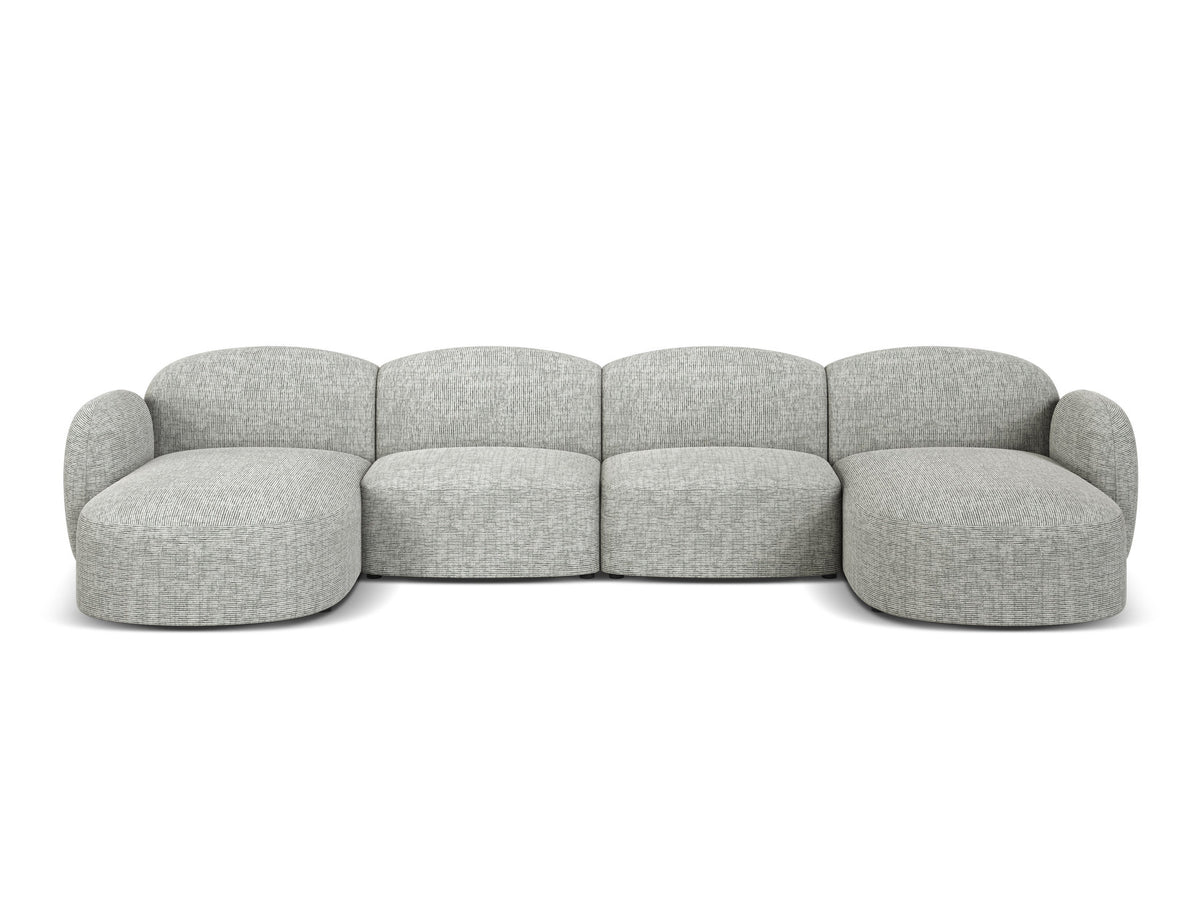 Blair Panoramasofa von Micadoni, 5er Sofa mit Massivholzrahmen, Chenille-Bezug Eden Beige und schwarzen Kunststoffbeinen, Ansicht von vorne.