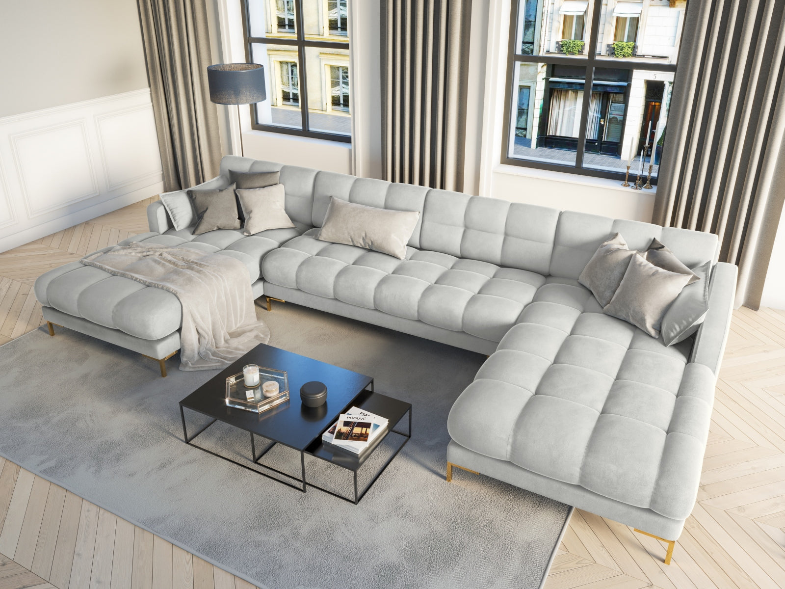 Mamaia Velour Panoramic Sofa 6 Sitzer in Silver/Gold präsentiert im Onlineshop von KAQTU Design AG. 3er Sofa ist von Micadoni