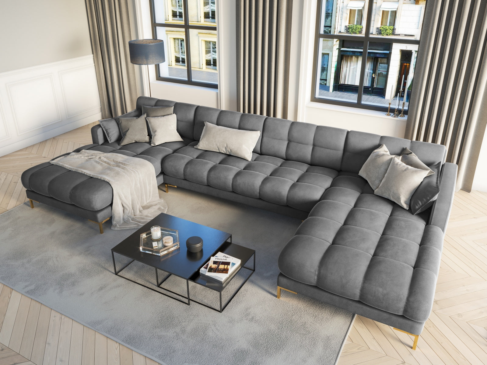 Mamaia Velour Panoramic Sofa 6 Sitzer in Light Grey/Gold präsentiert im Onlineshop von KAQTU Design AG. 3er Sofa ist von Micadoni