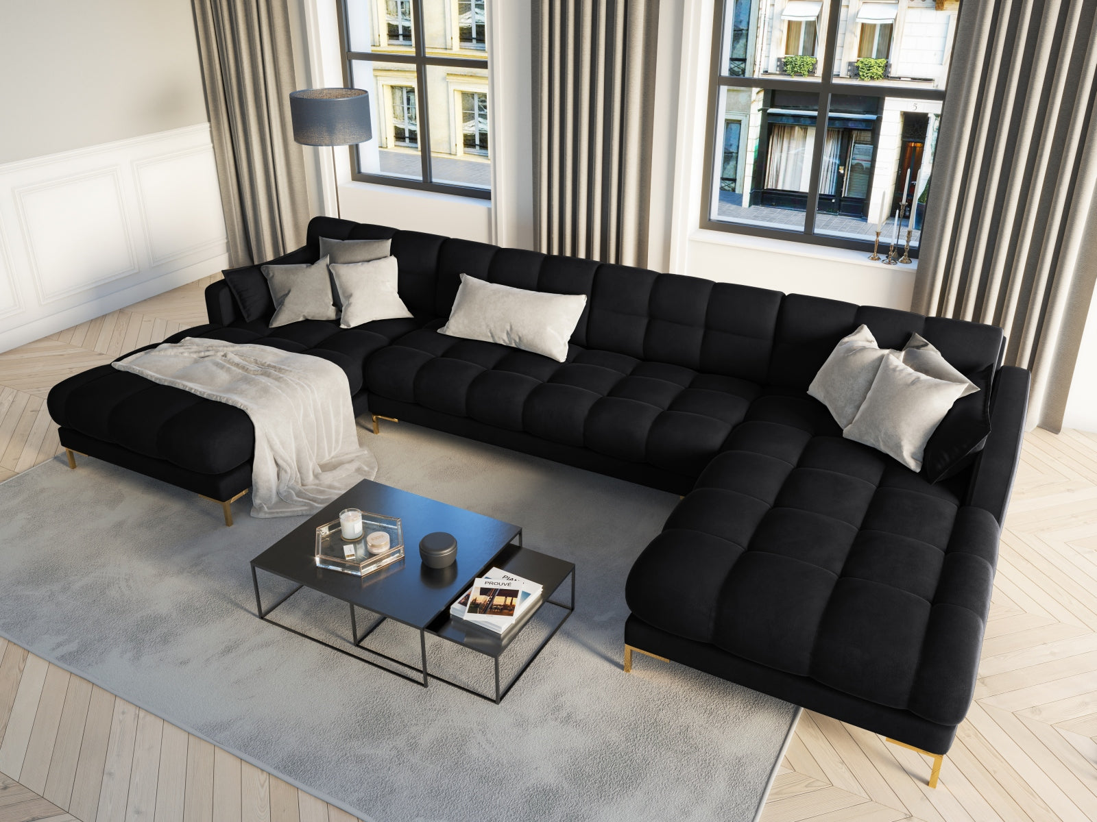 Mamaia Velour Panoramic Sofa 6 Sitzer in Black/Gold präsentiert im Onlineshop von KAQTU Design AG. 3er Sofa ist von Micadoni