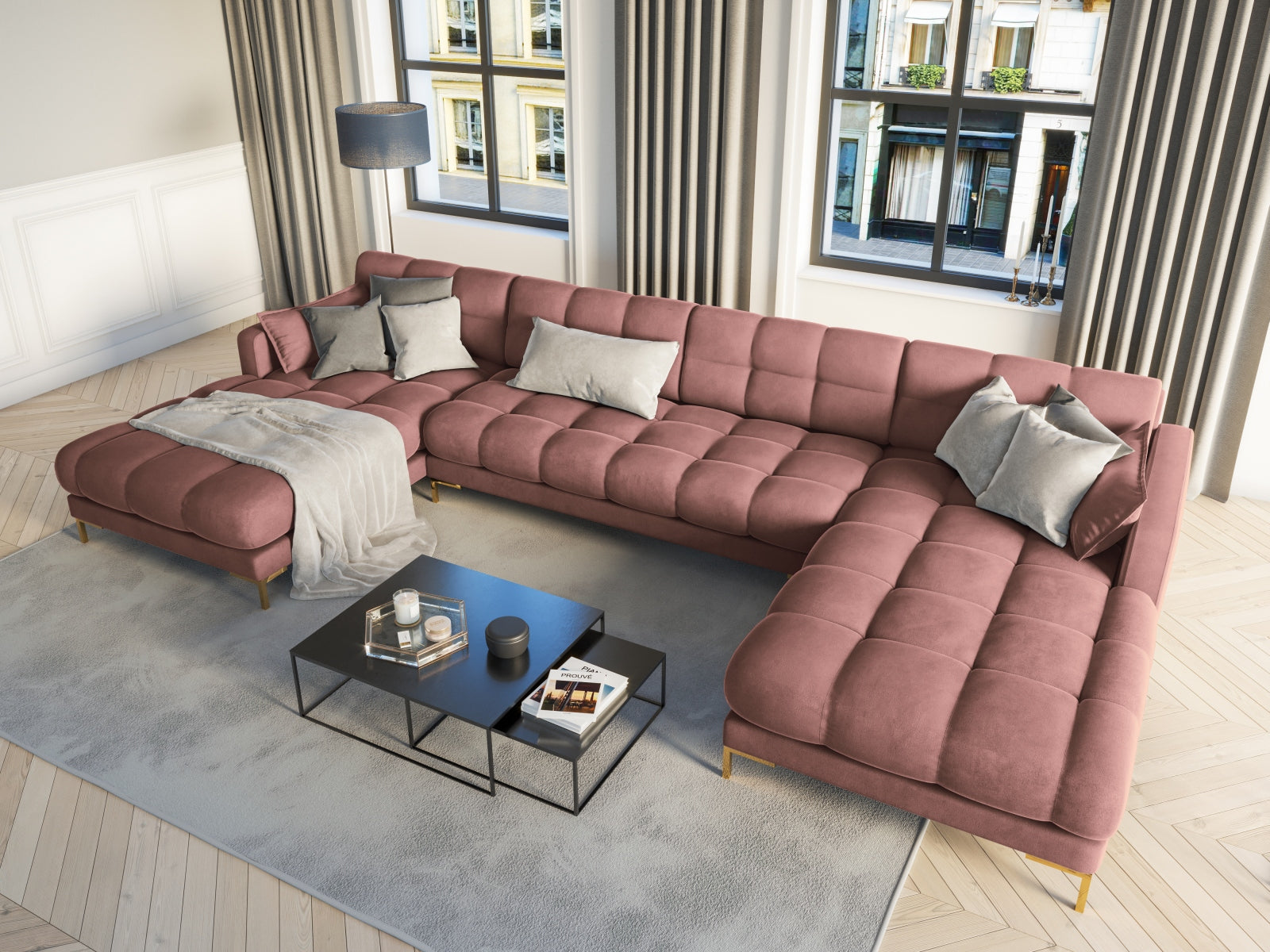 Mamaia Velour Panoramic Sofa 6 Sitzer in Pink/Gold präsentiert im Onlineshop von KAQTU Design AG. 3er Sofa ist von Micadoni