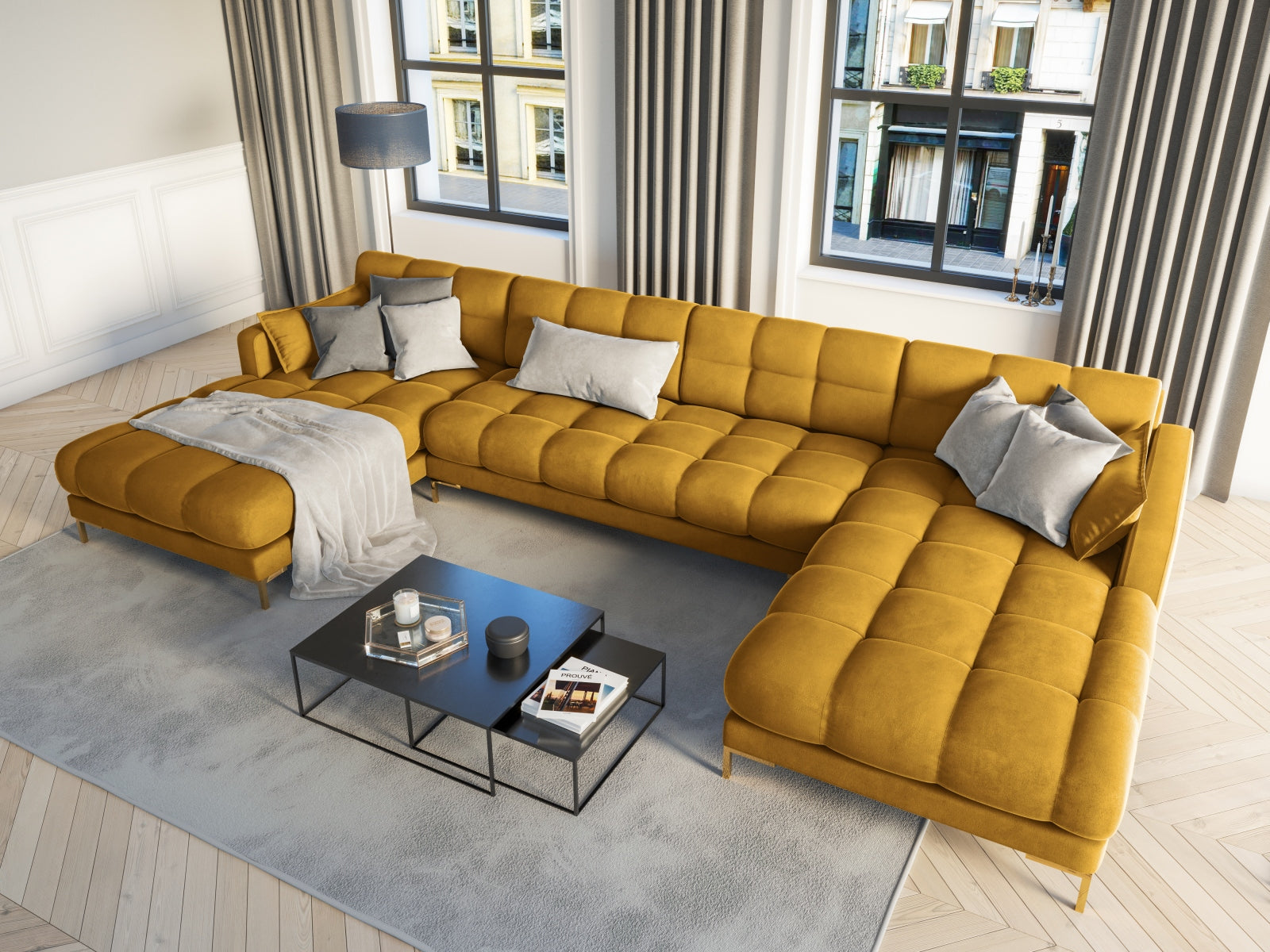 Mamaia Velour Panoramic Sofa 6 Sitzer in Yellow/Gold präsentiert im Onlineshop von KAQTU Design AG. 3er Sofa ist von Micadoni