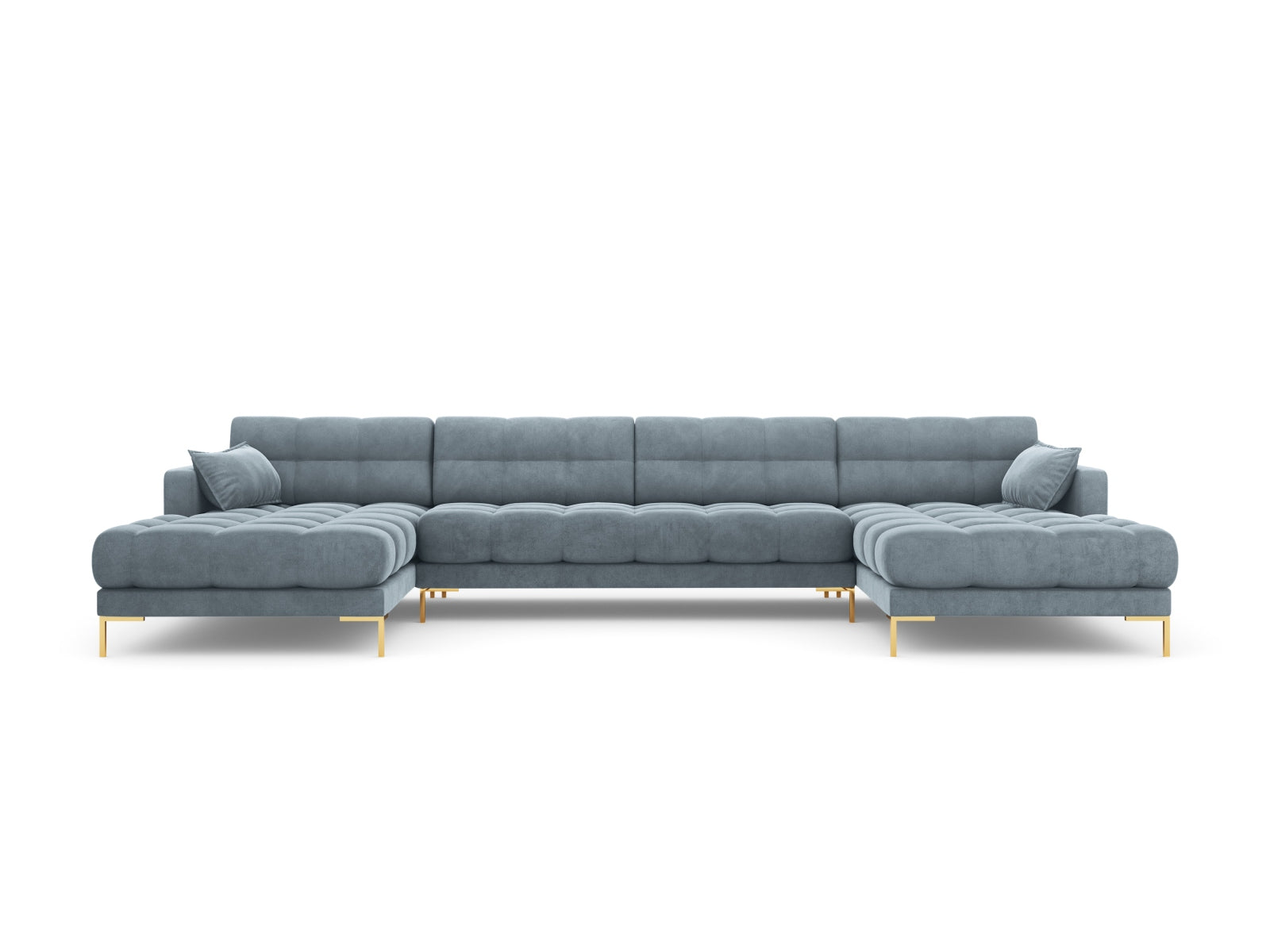 Mamaia Velour Panoramic Sofa 6 Sitzer in Light Blue/Gold präsentiert im Onlineshop von KAQTU Design AG. 3er Sofa ist von Micadoni