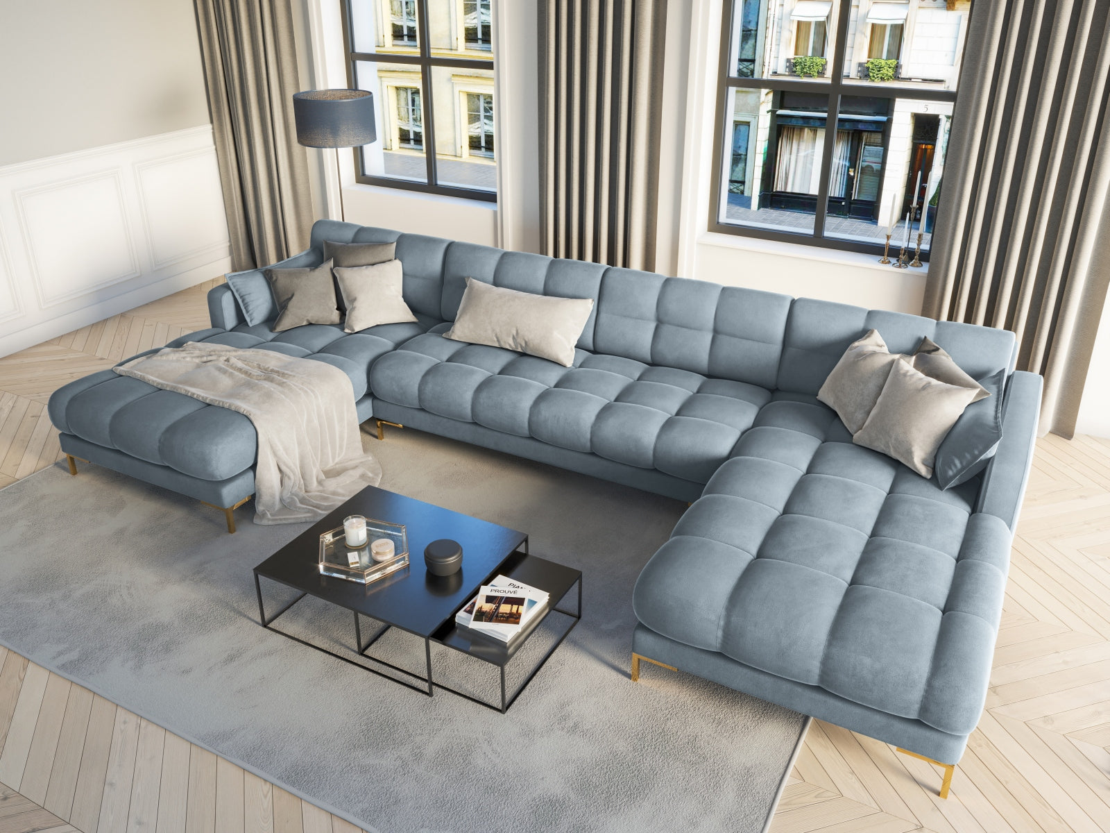 Mamaia Velour Panoramic Sofa 6 Sitzer in Light Blue/Gold präsentiert im Onlineshop von KAQTU Design AG. 3er Sofa ist von Micadoni