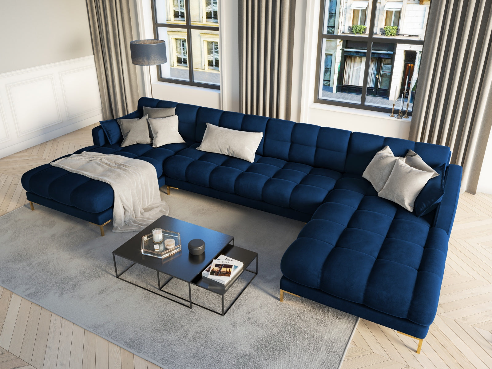 Mamaia Velour Panoramic Sofa 6 Sitzer in Royal Blue/Gold präsentiert im Onlineshop von KAQTU Design AG. 3er Sofa ist von Micadoni