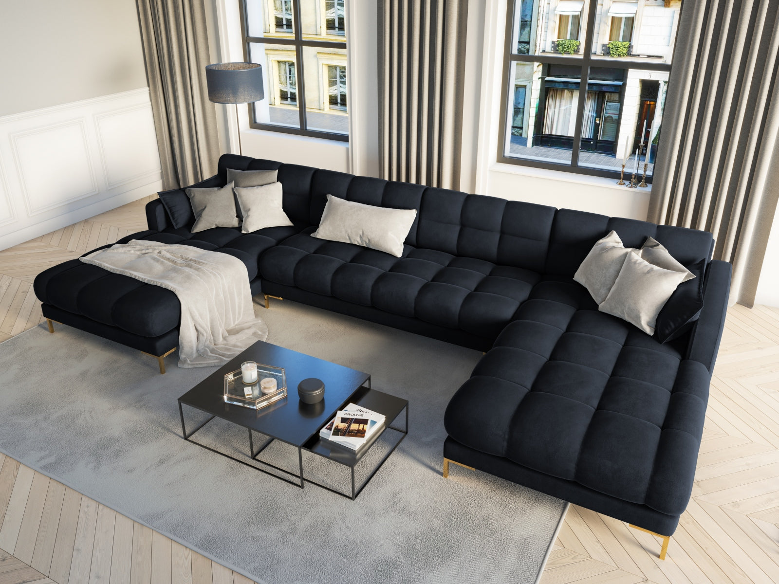 Mamaia Velour Panoramic Sofa 6 Sitzer in Dark Blue/Gold präsentiert im Onlineshop von KAQTU Design AG. 3er Sofa ist von Micadoni