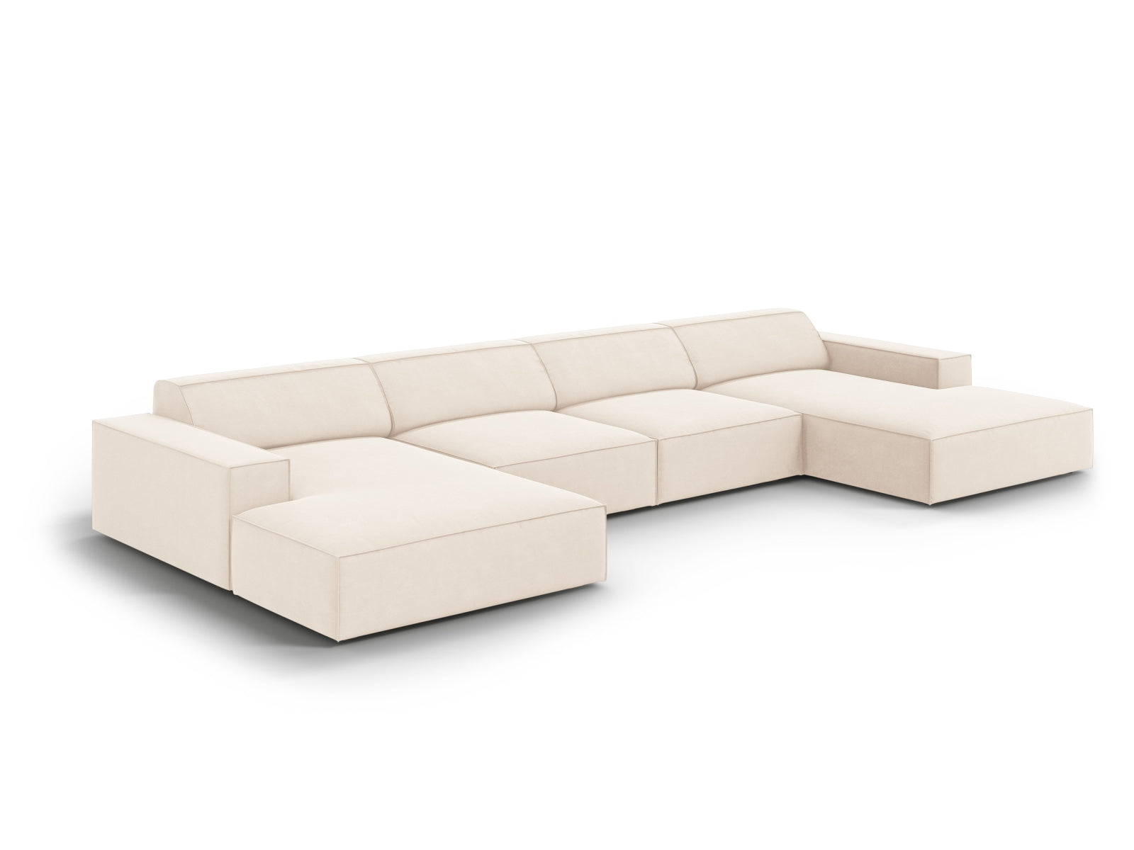 Modulares 6-Sitzer Sofa Jodie aus Velours in zartem Beige, perfekt für gemütliche Abende und modernes Wohndesign.