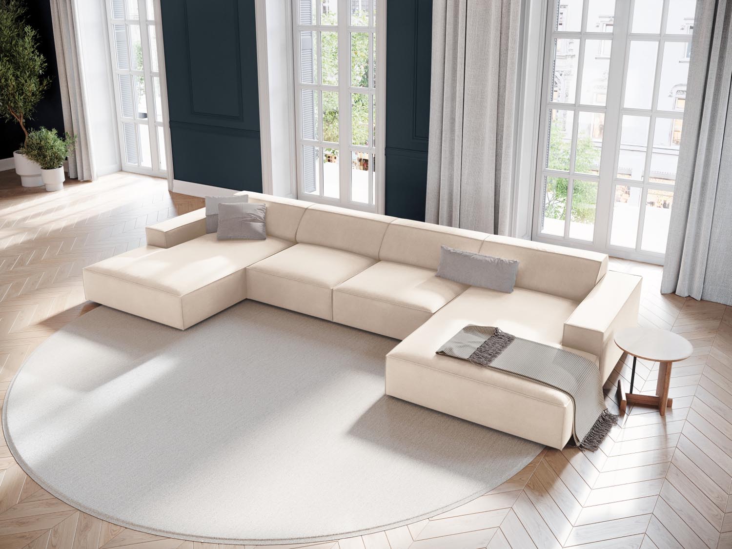 Jodie Velour modulares Panoramic Sofa 6 Sitzer in Light Beige-Bluvel präsentiert im Onlineshop von KAQTU Design AG. 3er Sofa ist von Micadoni