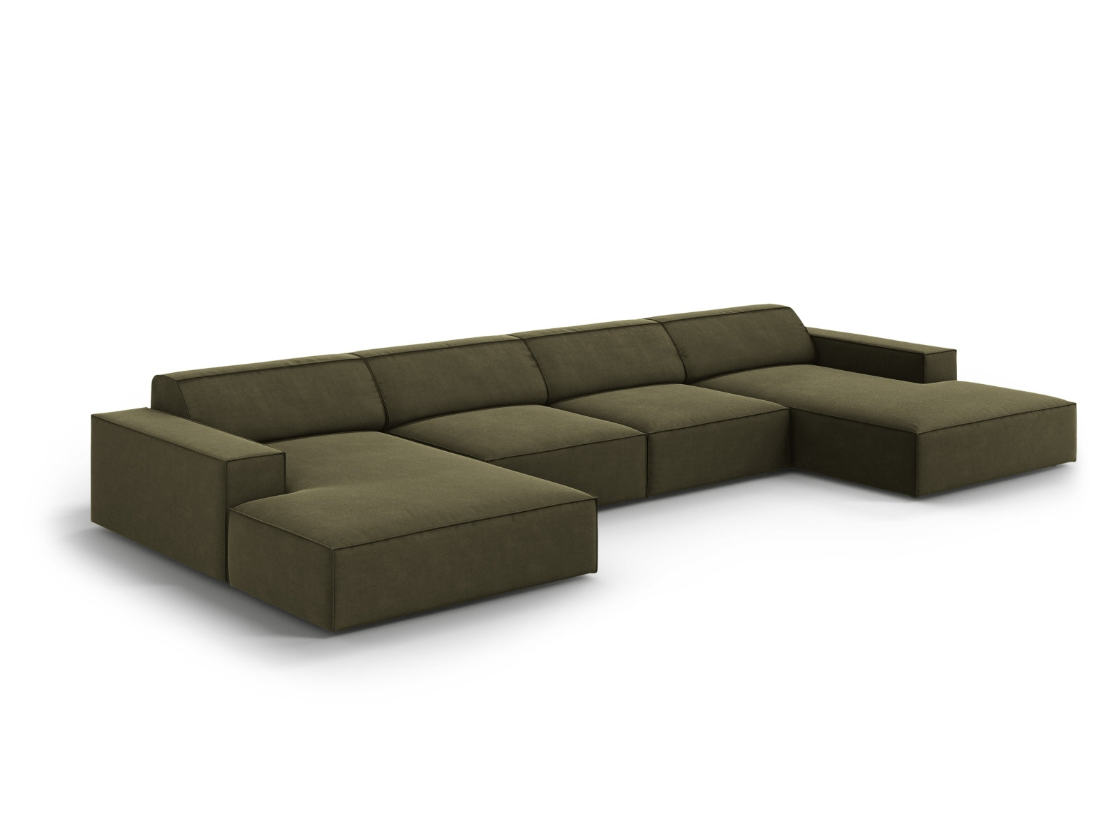 Modulares 6-Sitzer Sofa Jodie aus Velours in trendigem Green-Bluvel, perfekt für stilvolle und komfortable Wohnlandschaften.