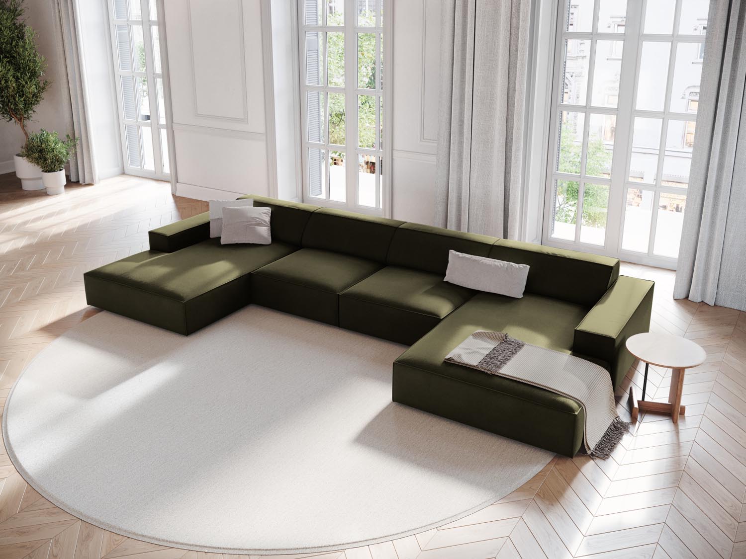 Elegantes Jodie Velour modulares Panoramic Sofa für 6 Personen in stilvollem Green-Bluvel, ideal für moderne Wohnräume.