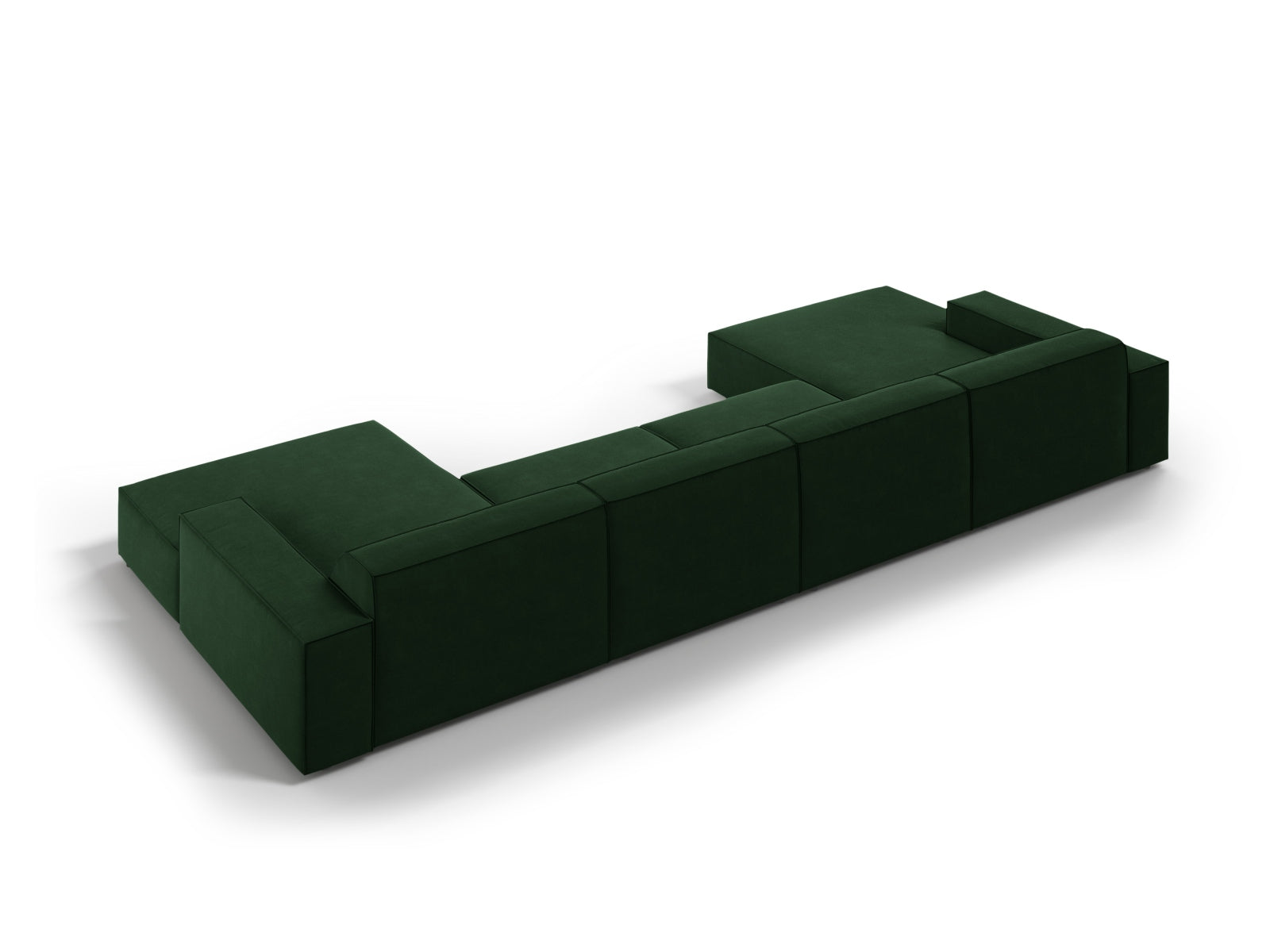 Elegantes modulares 6-Sitzer Sofa Jodie aus Velours in tiefem Grün, ideal für stilvolle Wohnräume und gesellige Abende.