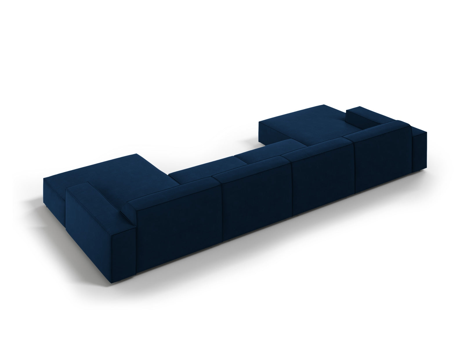 Elegantes modulares 6-Sitzer Sofa Jodie aus Velours in tiefem Royalblau, ideal für stilvolle Wohnräume und gesellige Abende.