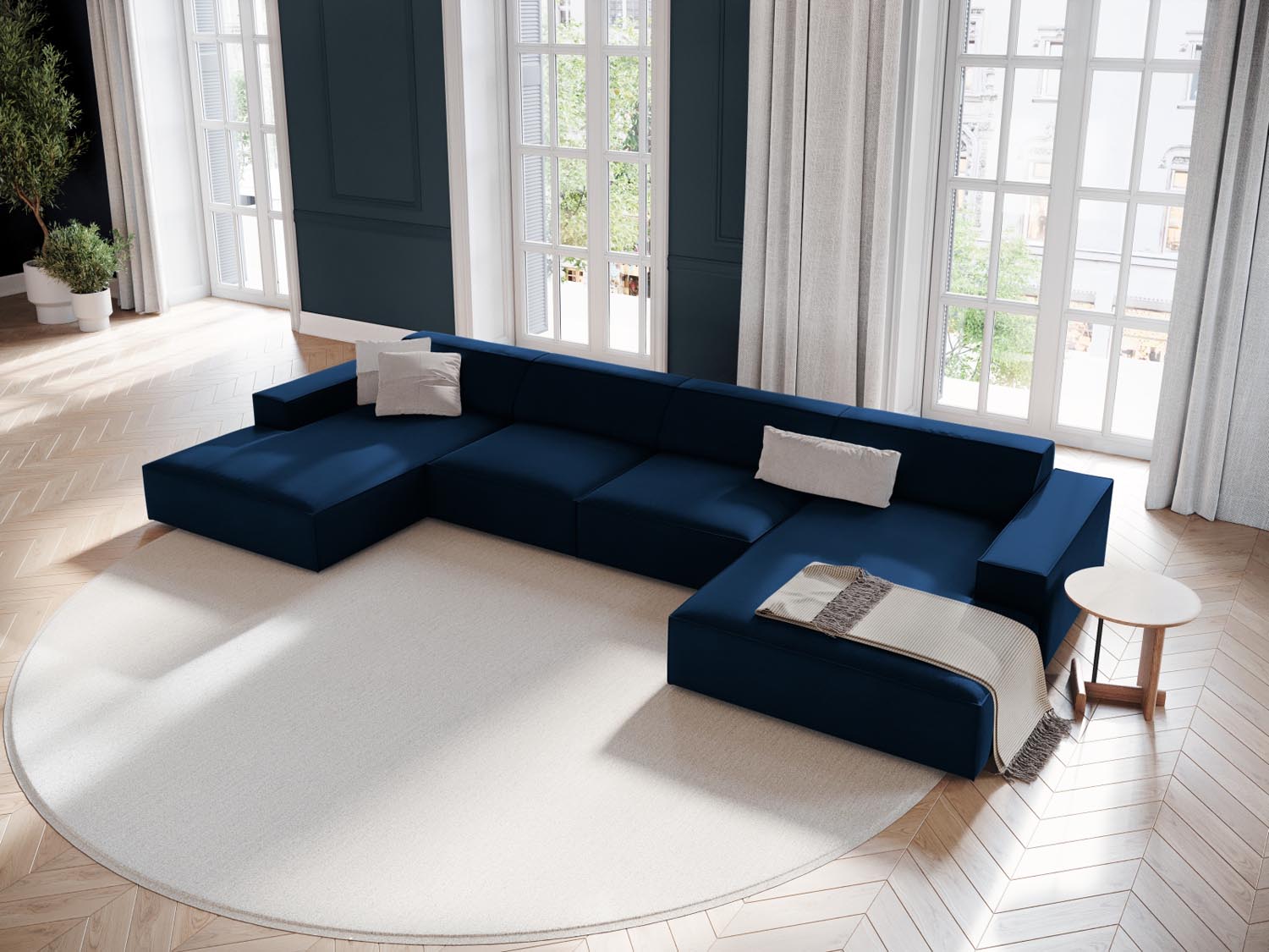 Elegantes Jodie Velour modulares Panoramic Sofa in Royalblau, ideal für stilvolle Wohnräume, präsentiert von KAQTU Design AG.