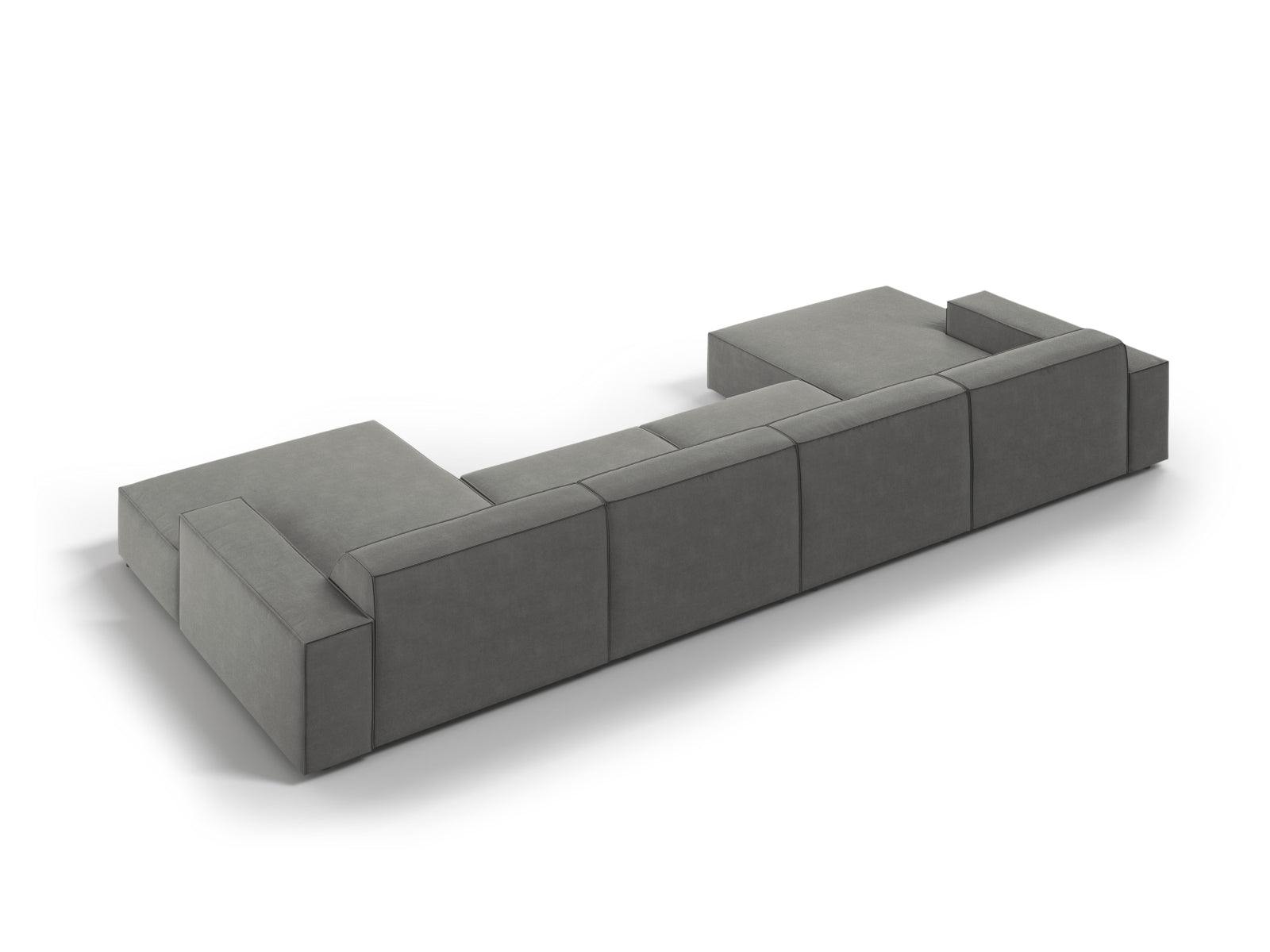 Elegantes modulares 6-Sitzer Sofa Jodie aus Velours in sanftem Grau, ideal für entspannte Stunden und modernes Wohndesign.