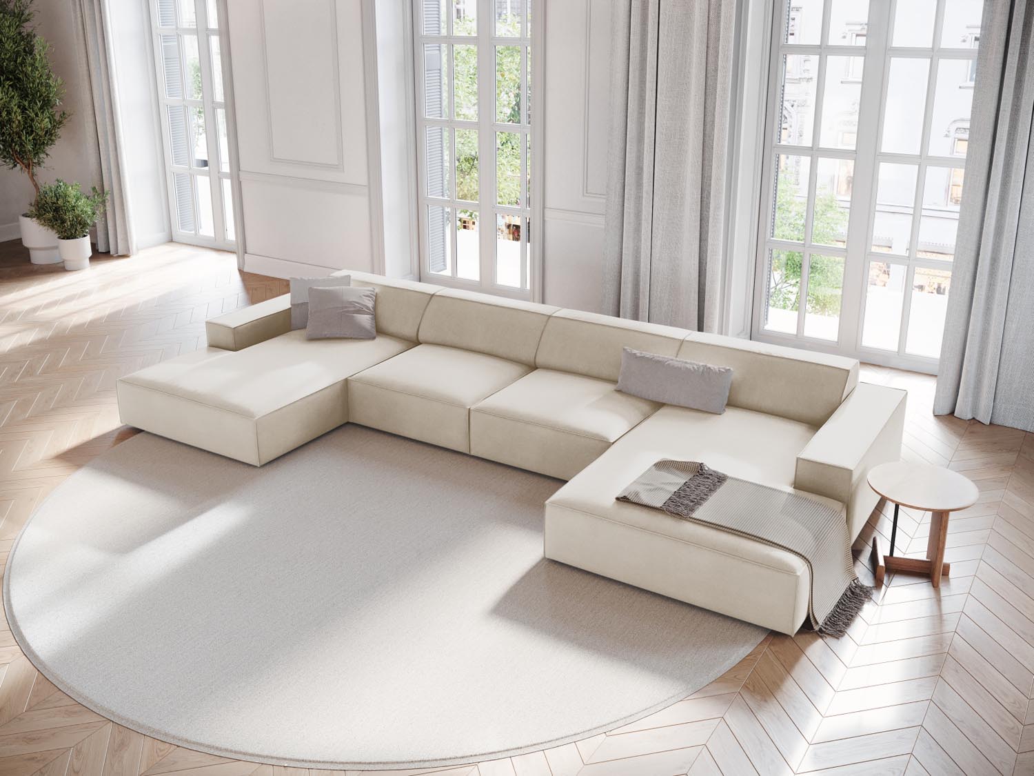 Elegantes Jodie Velour modulares Panoramic Sofa für 6 Personen in stilvollem Dunkelbeige, ideal für moderne Wohnräume.