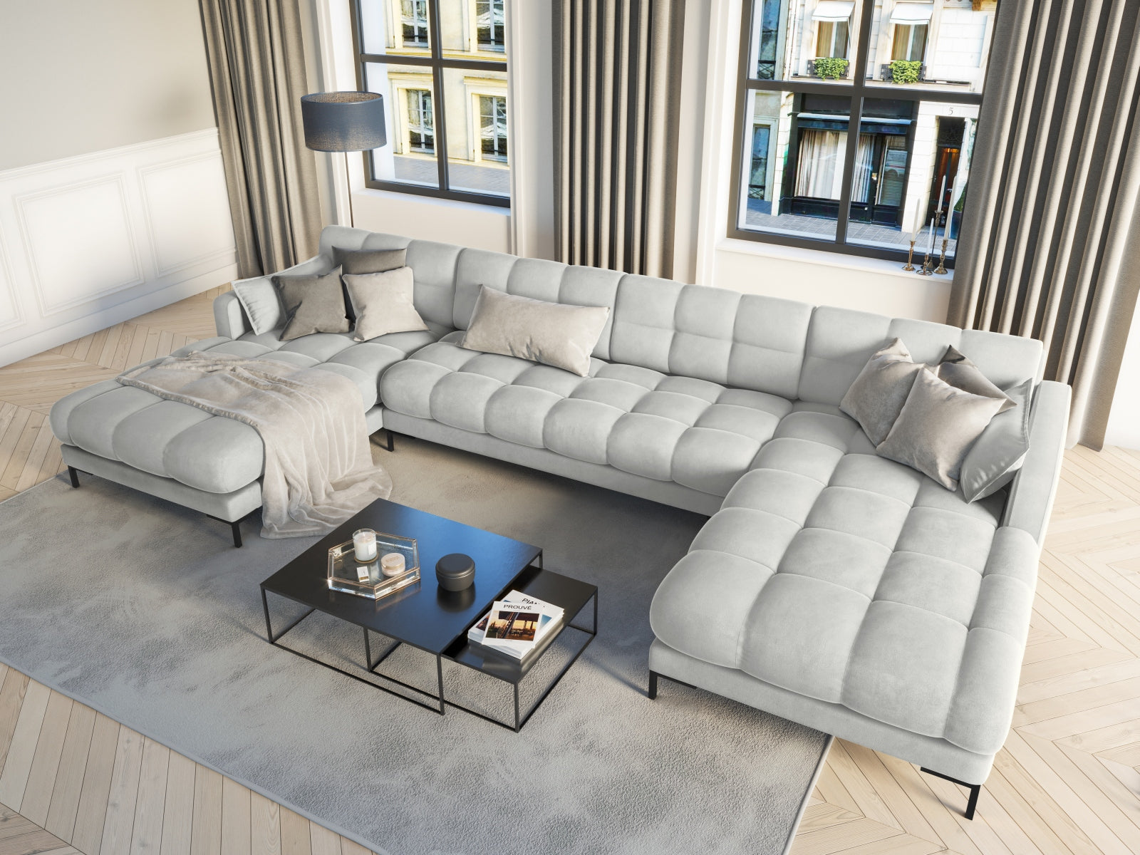 Mamaia Velour Panoramic Sofa 6 Sitzer in Silver/Schwarz präsentiert im Onlineshop von KAQTU Design AG. 3er Sofa ist von Micadoni