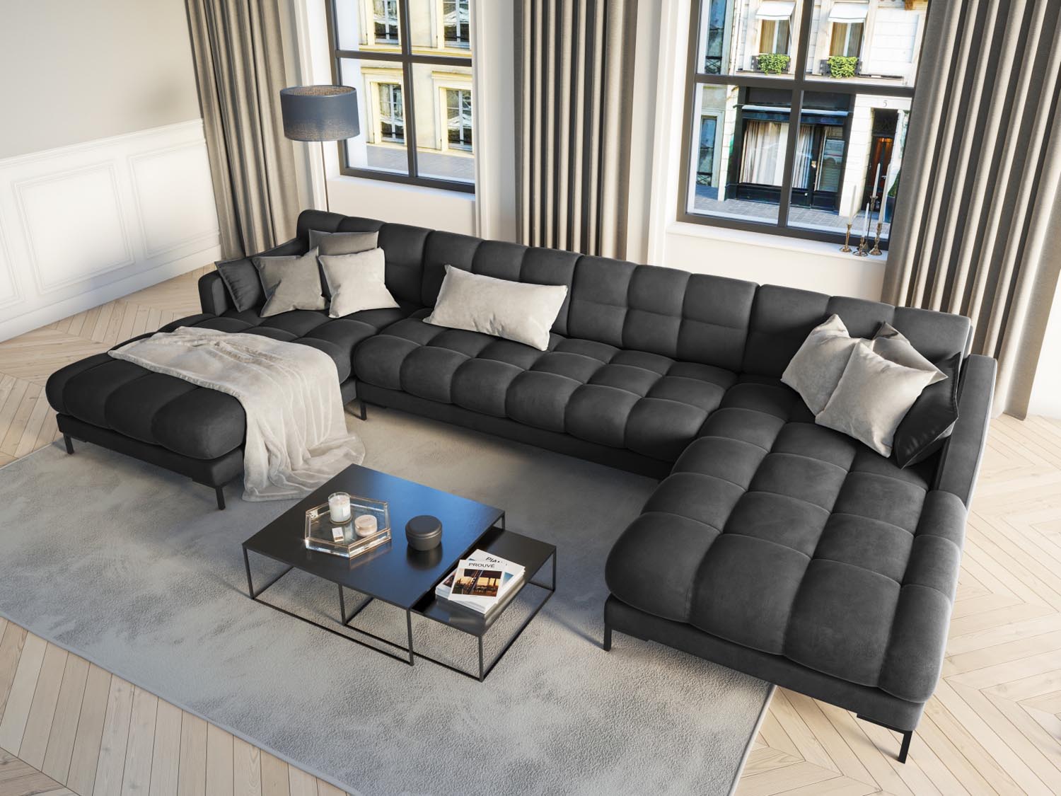 Elegantes Mamaia Velour Panoramic Sofa für 6 Personen in Dunkelgrau/Schwarz-Bluvel, ideal für stilvolle Wohnräume.