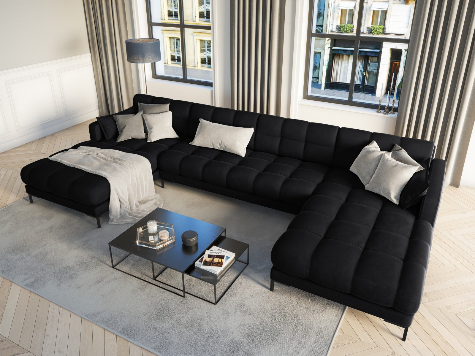 Mamaia Velour Panoramic Sofa 6 Sitzer in Black/Schwarz präsentiert im Onlineshop von KAQTU Design AG. 3er Sofa ist von Micadoni