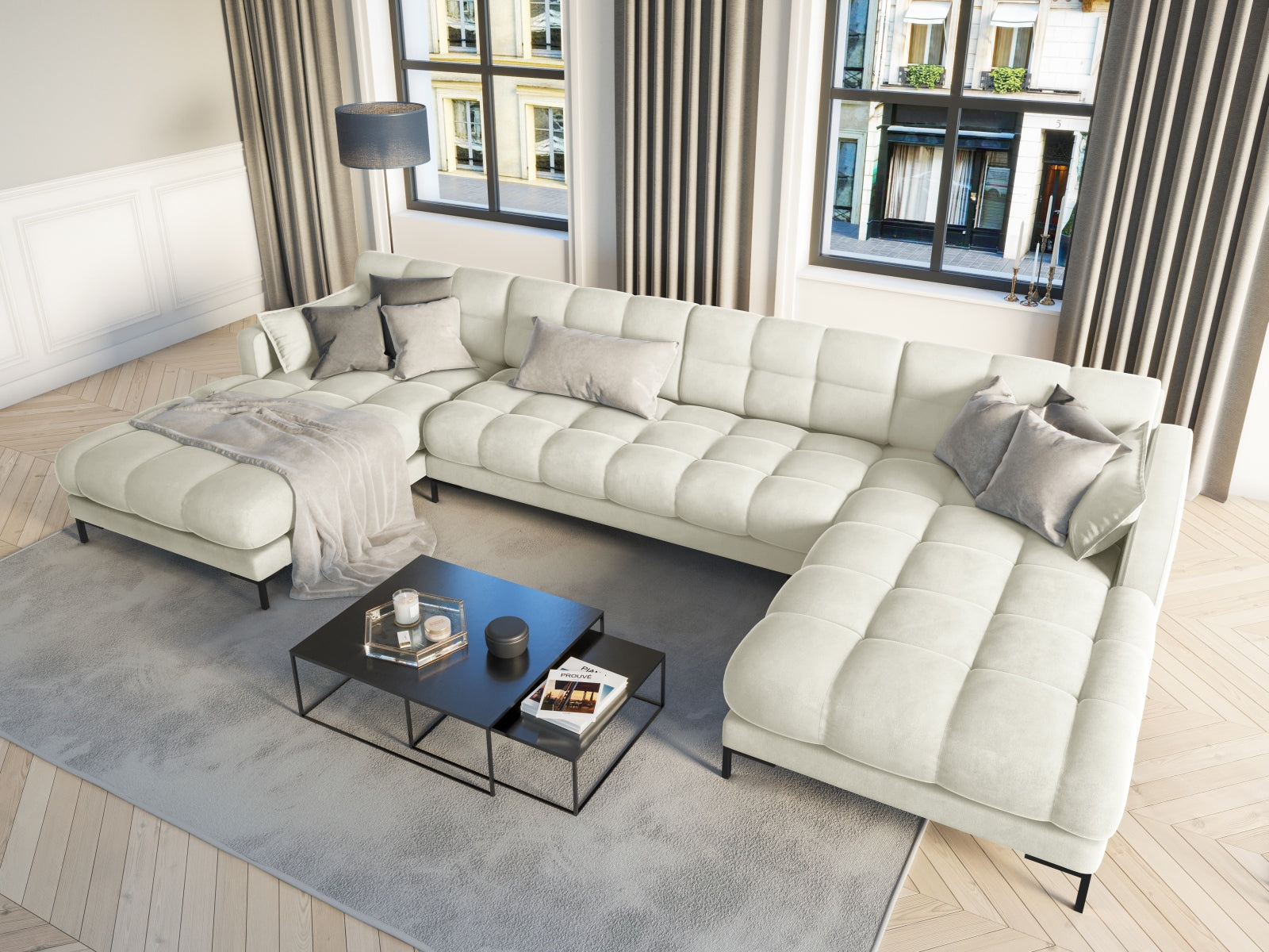 Mamaia Velour Panoramic Sofa 6 Sitzer in Light Beige/Schwarz präsentiert im Onlineshop von KAQTU Design AG. 3er Sofa ist von Micadoni