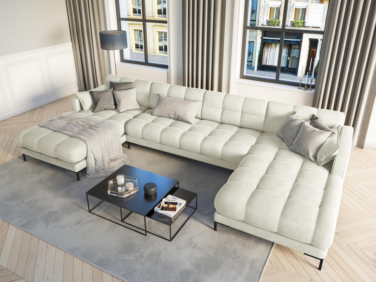 Mamaia Velour Panoramic Sofa 6 Sitzer in Light Beige/Schwarz-Bluvel präsentiert im Onlineshop von KAQTU Design AG. 3er Sofa ist von Micadoni