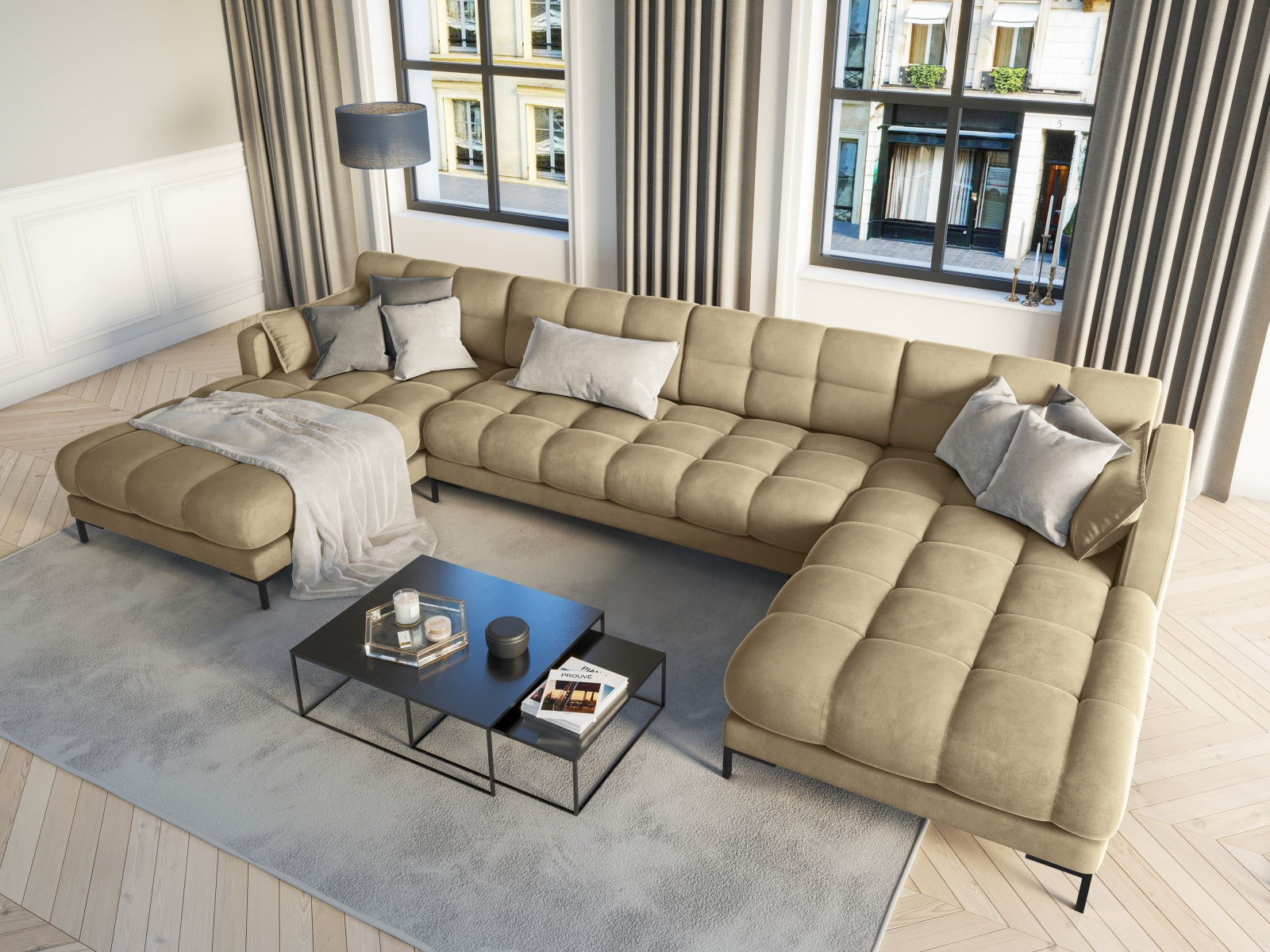 Mamaia Velour Panoramic Sofa 6 Sitzer in Beige/Schwarz präsentiert im Onlineshop von KAQTU Design AG. 3er Sofa ist von Micadoni