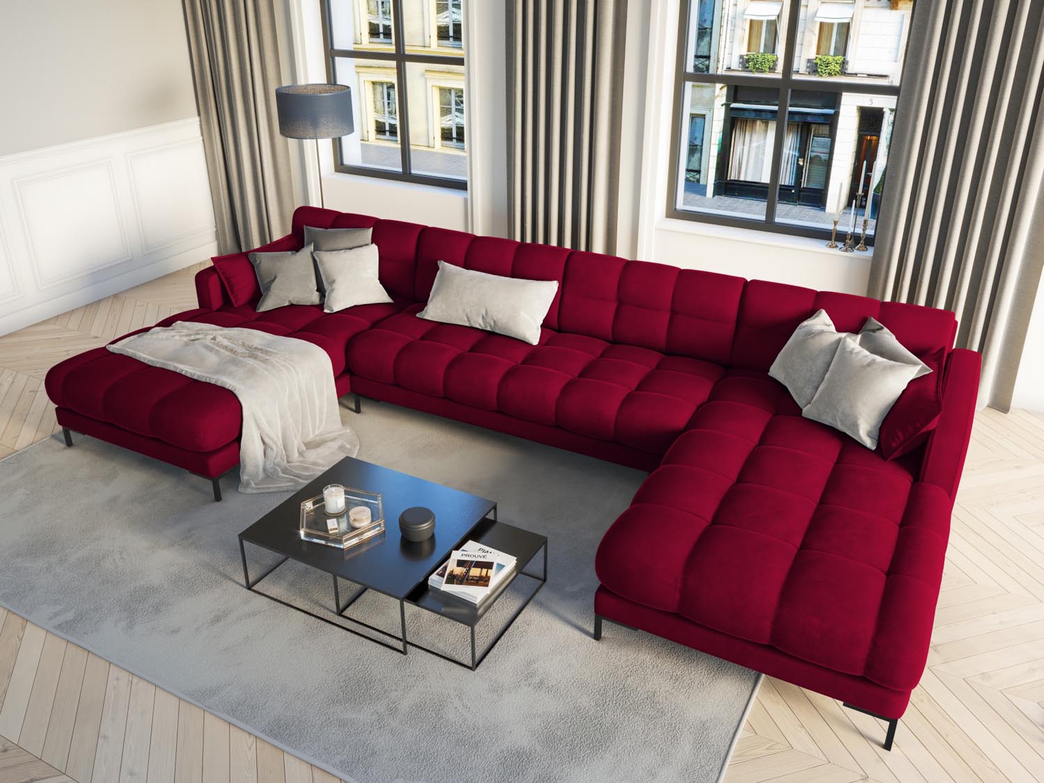 Elegantes Mamaia Velour Panoramic Sofa für 6 Personen in stilvollem Rot und Schwarz, ideal für moderne Wohnräume.