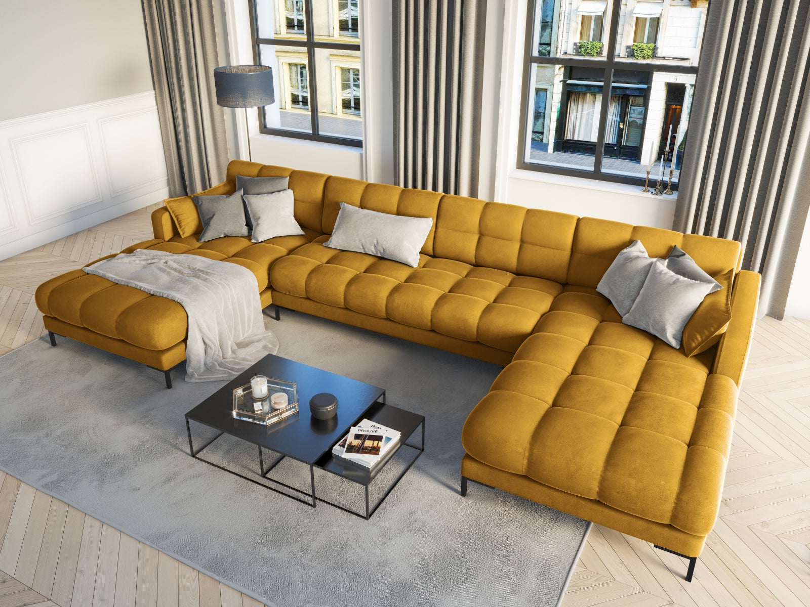 Mamaia Velour Panoramic Sofa 6 Sitzer in Yellow/Schwarz präsentiert im Onlineshop von KAQTU Design AG. 3er Sofa ist von Micadoni