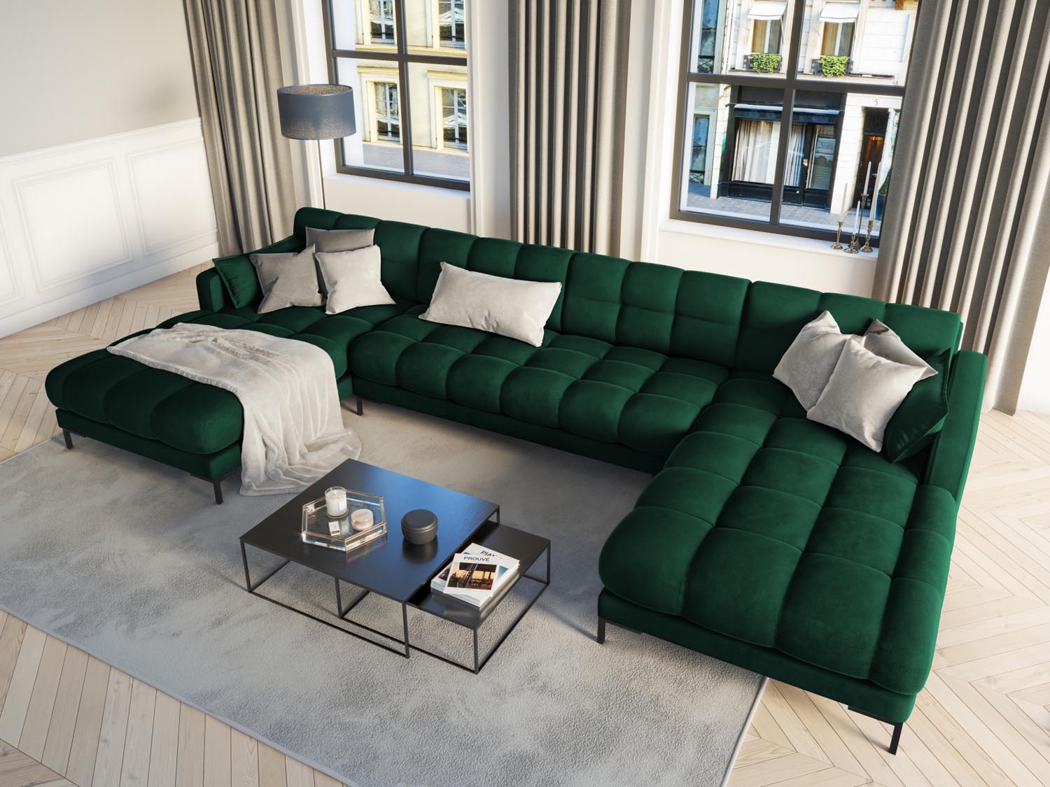 Elegantes Mamaia Velour Panoramic Sofa für 6 Personen in stilvollem Flaschengrün und Schwarz-Bluvel, ideal für moderne Wohnräume.