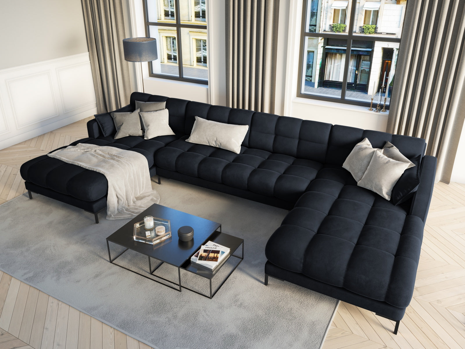 Mamaia Velour Panoramic Sofa 6 Sitzer in Dark Blue/Schwarz präsentiert im Onlineshop von KAQTU Design AG. 3er Sofa ist von Micadoni