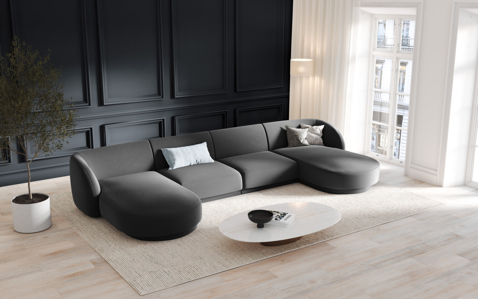 Elegantes Miley Velour Panoramic Sofa für 5 Personen in stilvollem Grau-Blau, ideal für moderne Wohnräume.