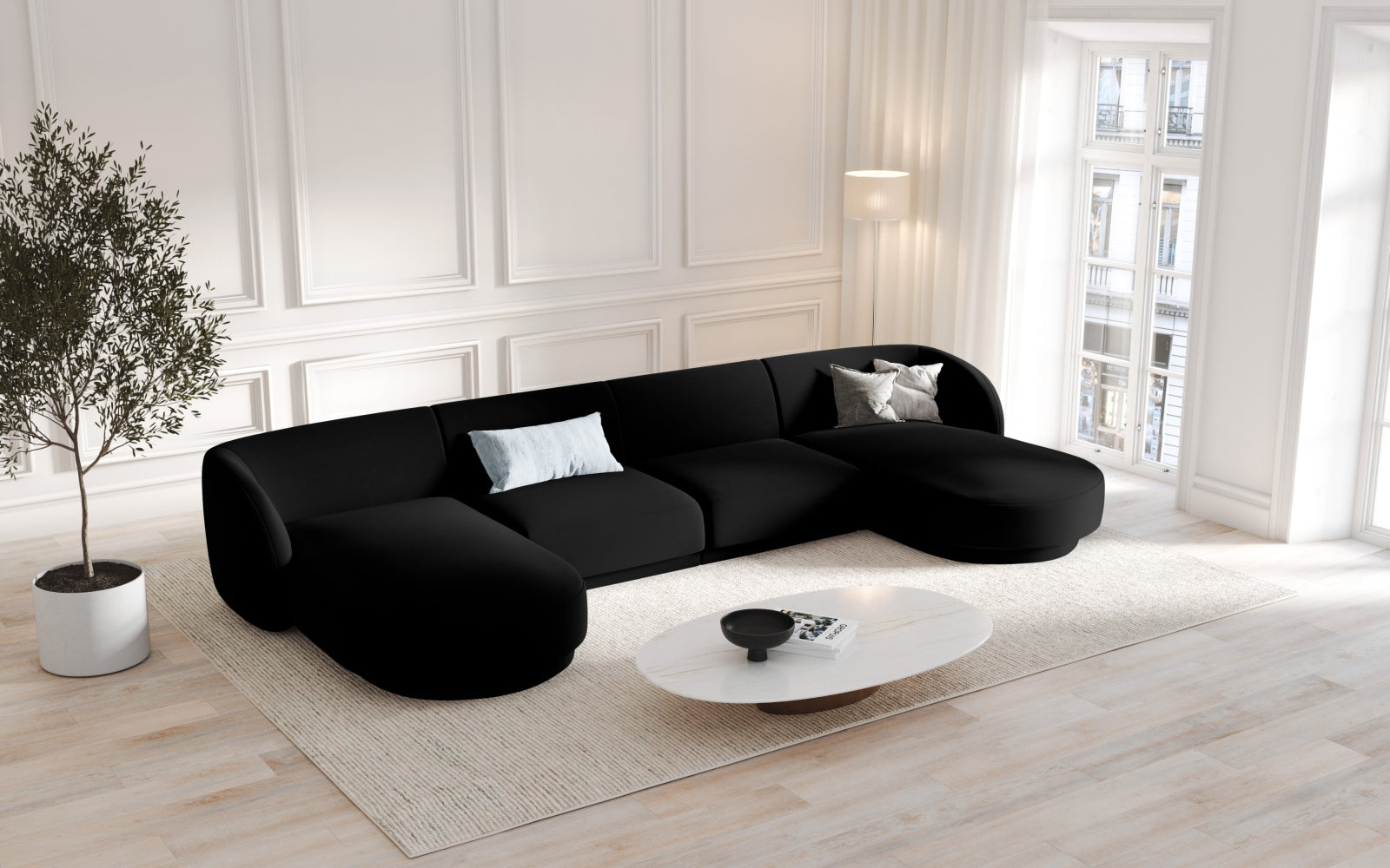 Elegantes Miley Velour Panoramic Sofa für 5 Personen in stilvollem Schwarz-Bluvel, ideal für moderne Wohnräume.