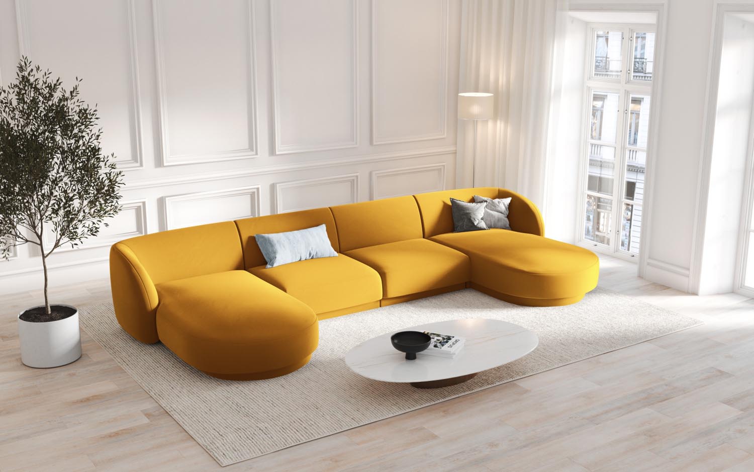Elegantes Miley Velour Panoramic Sofa für 5 Personen in stilvollem Gelb-Blau, ideal für moderne Wohnräume.