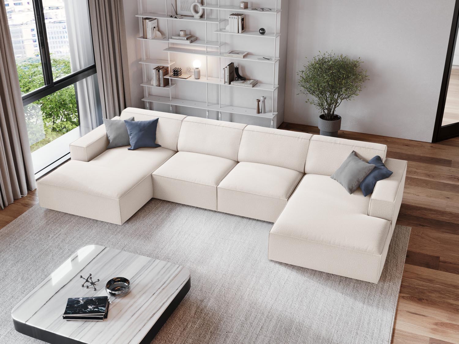 Elegantes, modulares 6-Sitzer Panoramic Sofa "Jodie" in hellem Beige, ideal für stilvolle Wohnräume und gemütliche Zusammenkünfte.