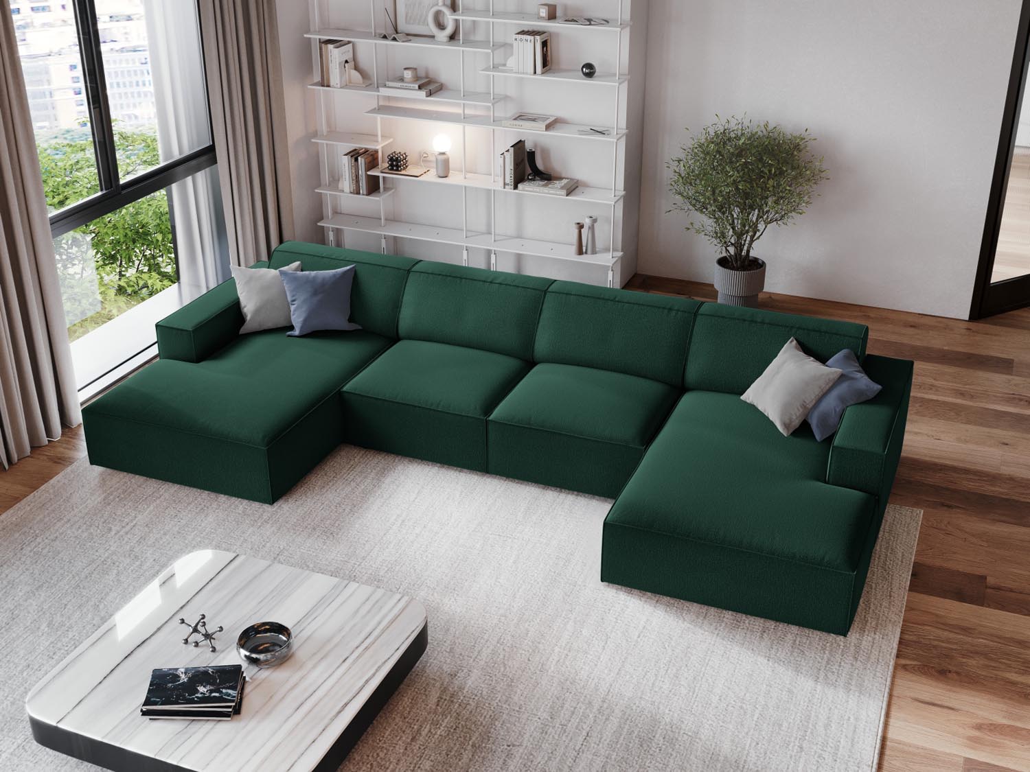 Elegantes, modulares 6-Sitzer Panoramic Sofa "Jodie" in stilvollem Grün, ideal für moderne Wohnräume und gemütliche Zusammenkünfte.