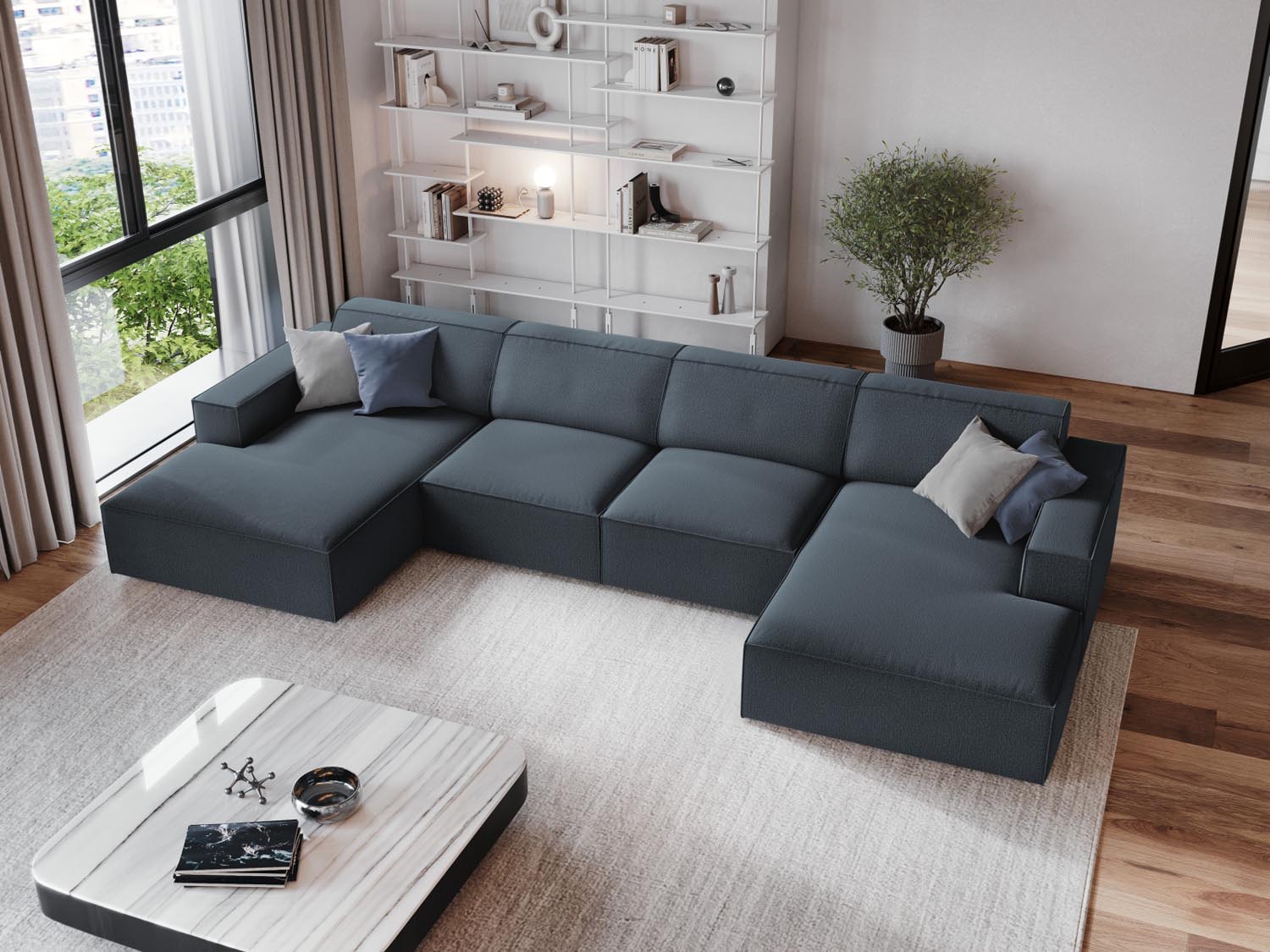 Elegantes, modulares 6-Sitzer Sofa Jodie in stilvollem Blau, ideal für moderne Wohnräume und gemütliche Zusammenkünfte.