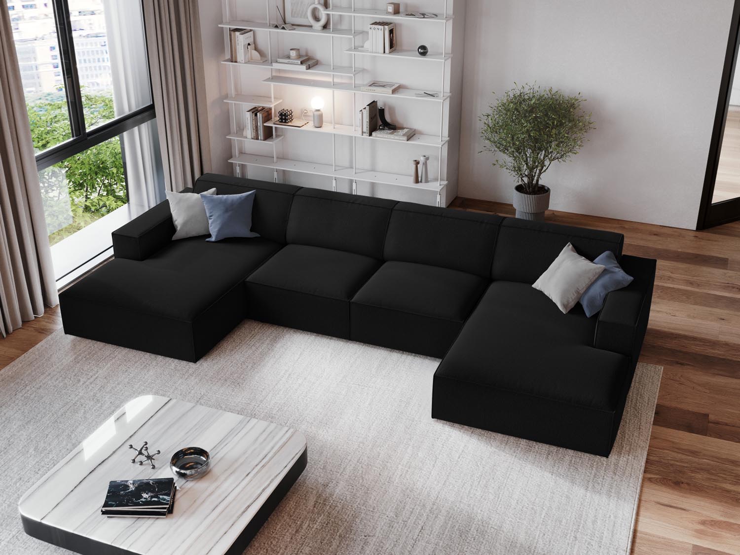 Elegantes Jodie Modulares Panoramic Sofa für 6 Personen in stilvollem Schwarz, ideal für moderne Wohnräume und gemütliche Zusammenkünfte.